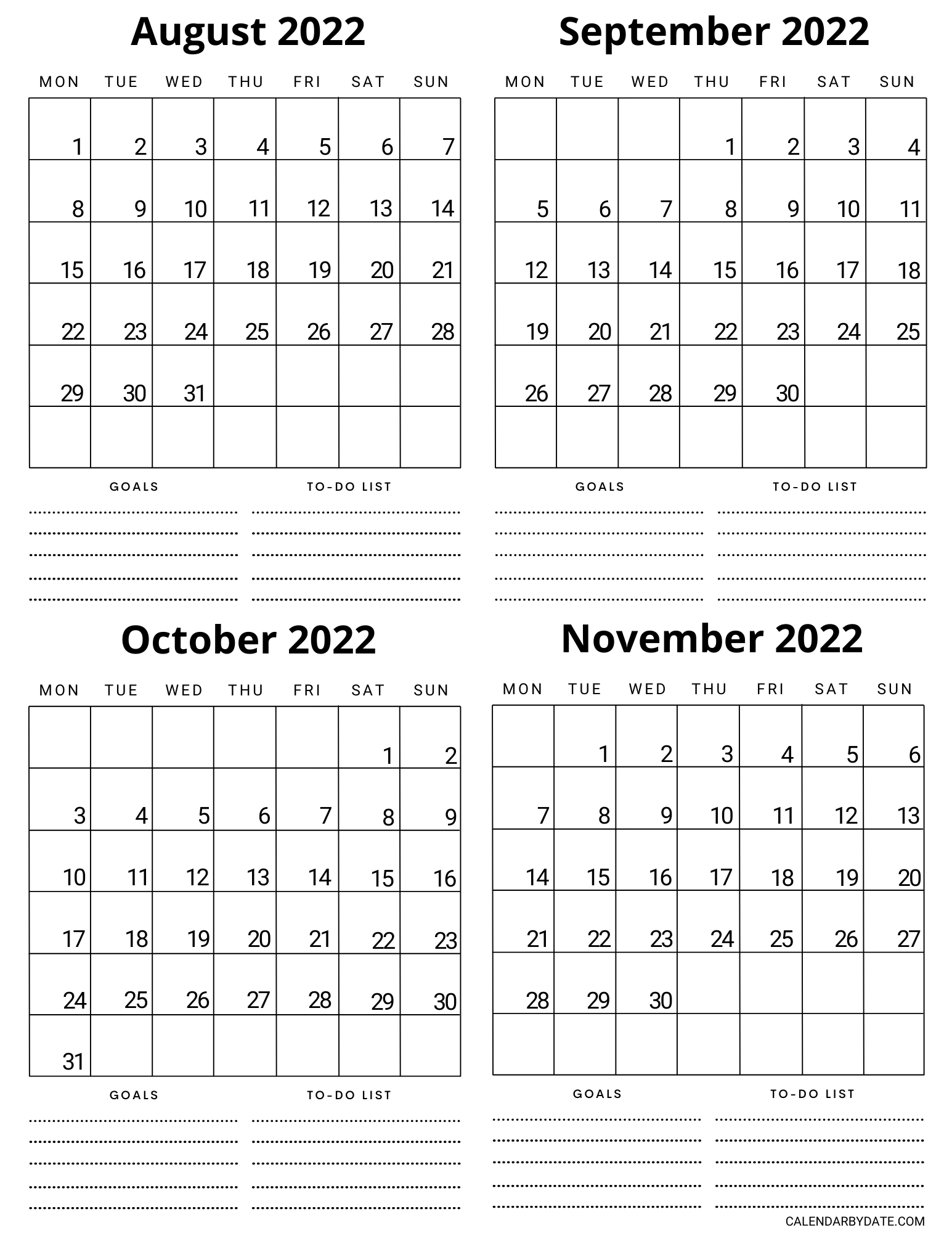 August, September, October, and November 2022 calendar template. The bold monthly dates are displayed in a one-page calendar grid, with the week starting from Monday.