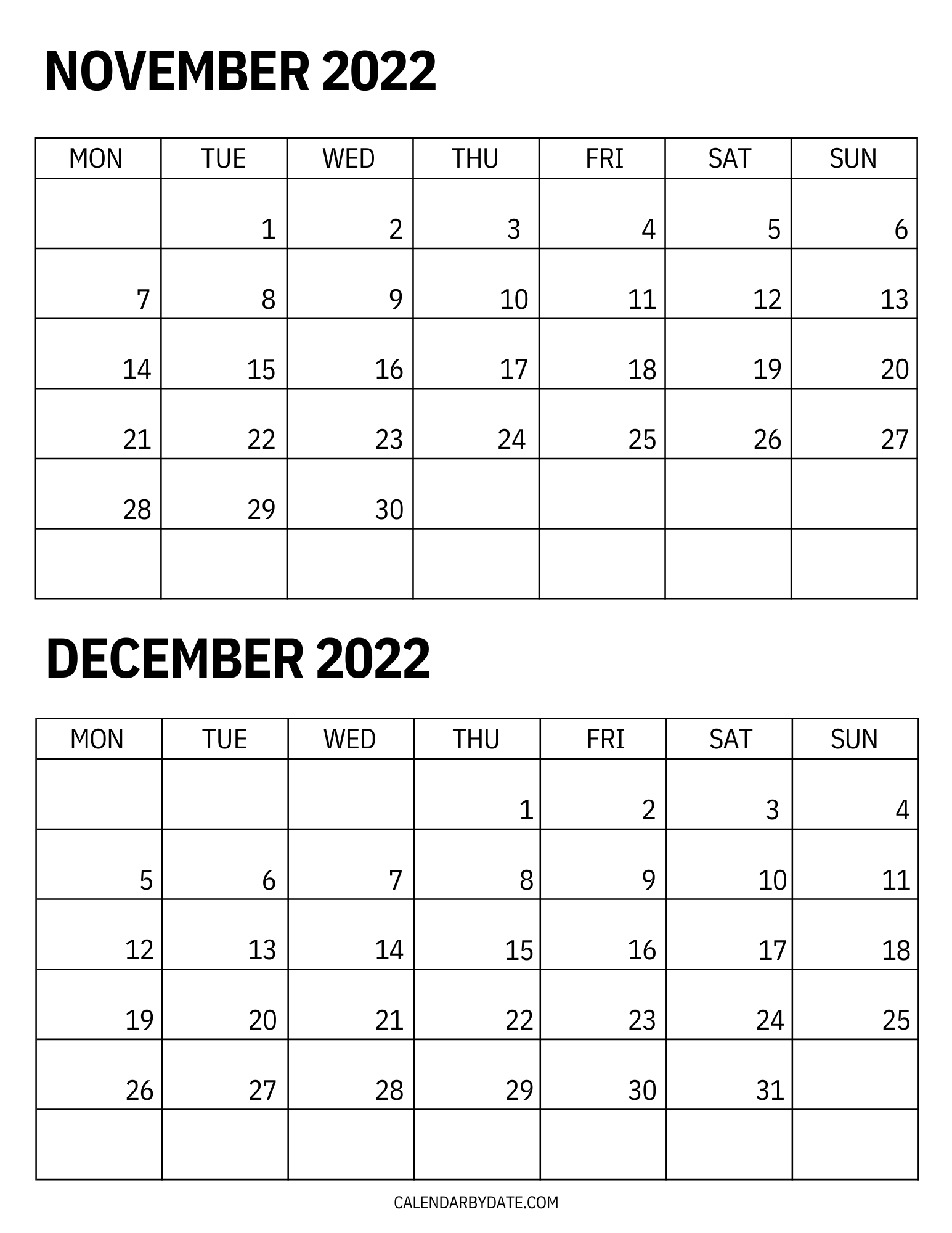 November December 2022 month calendar with weekdays starting from Monday. It has the vertical layout with bold monthly dates arranged in the grid.