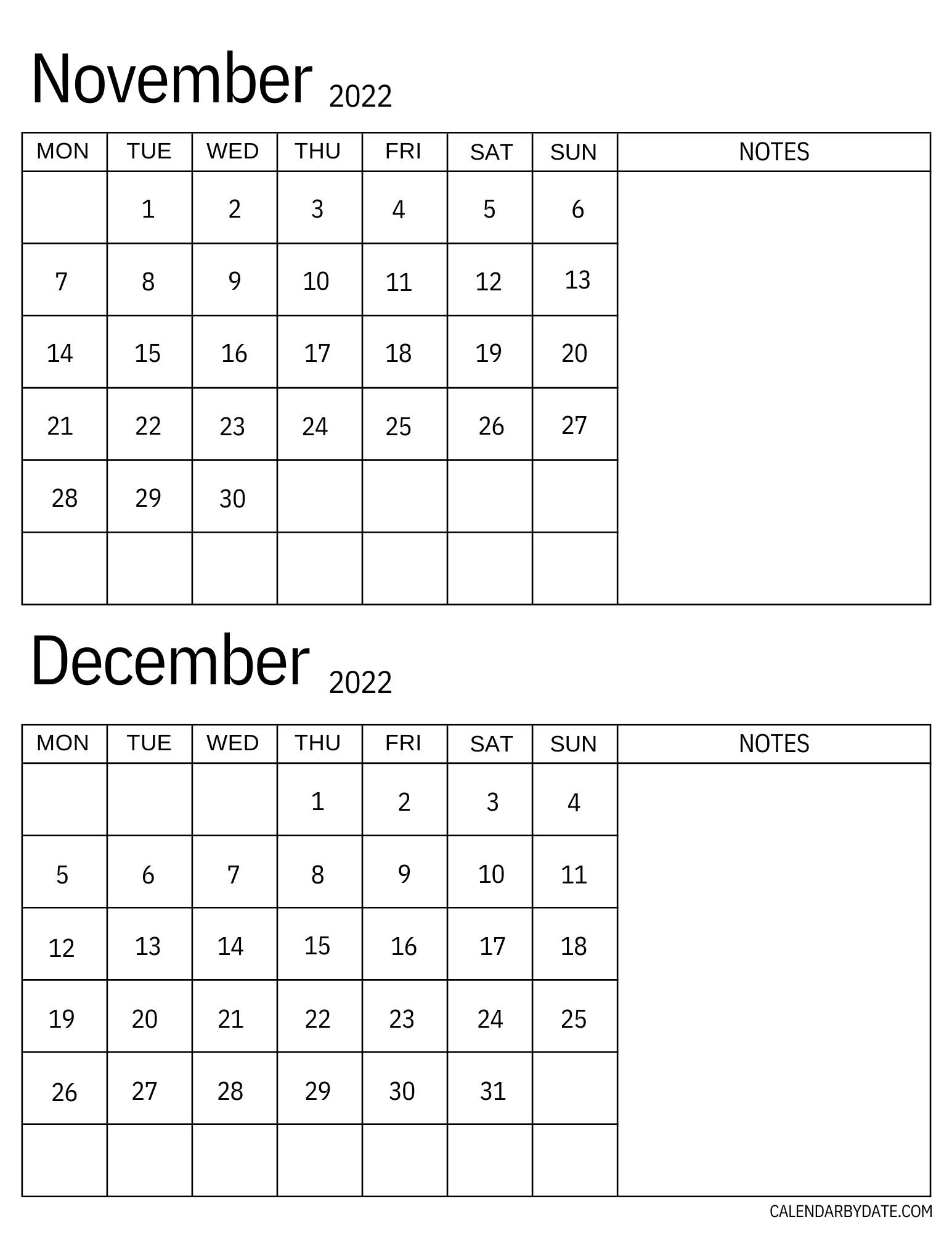 November and December 2022 calendar template in a portrait layout. Both months are laid out vertically, with some area for taking notes, events and schedules.