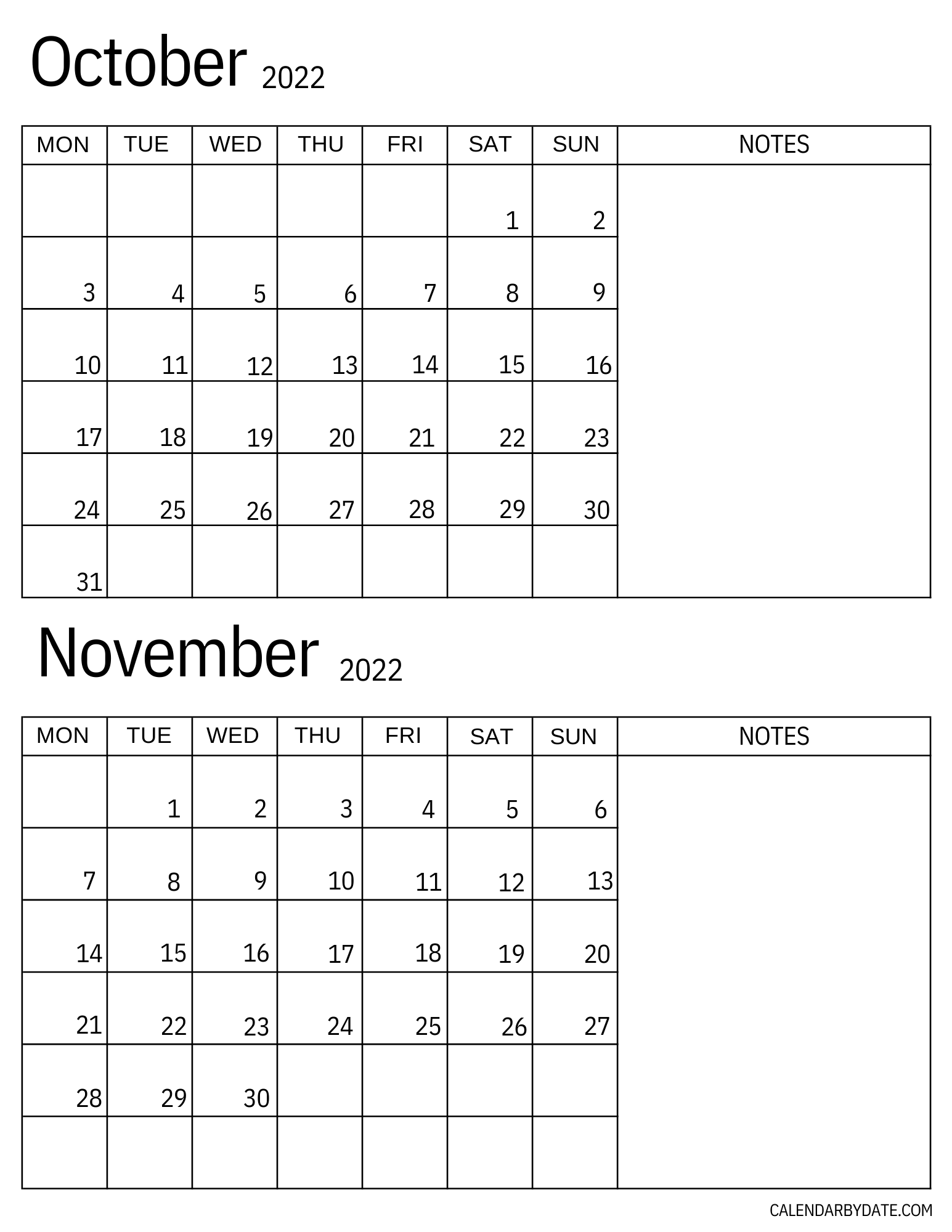 2 Month, October and November 2022 calendar template with blank notes section to write monthly schedules, events and important dates.