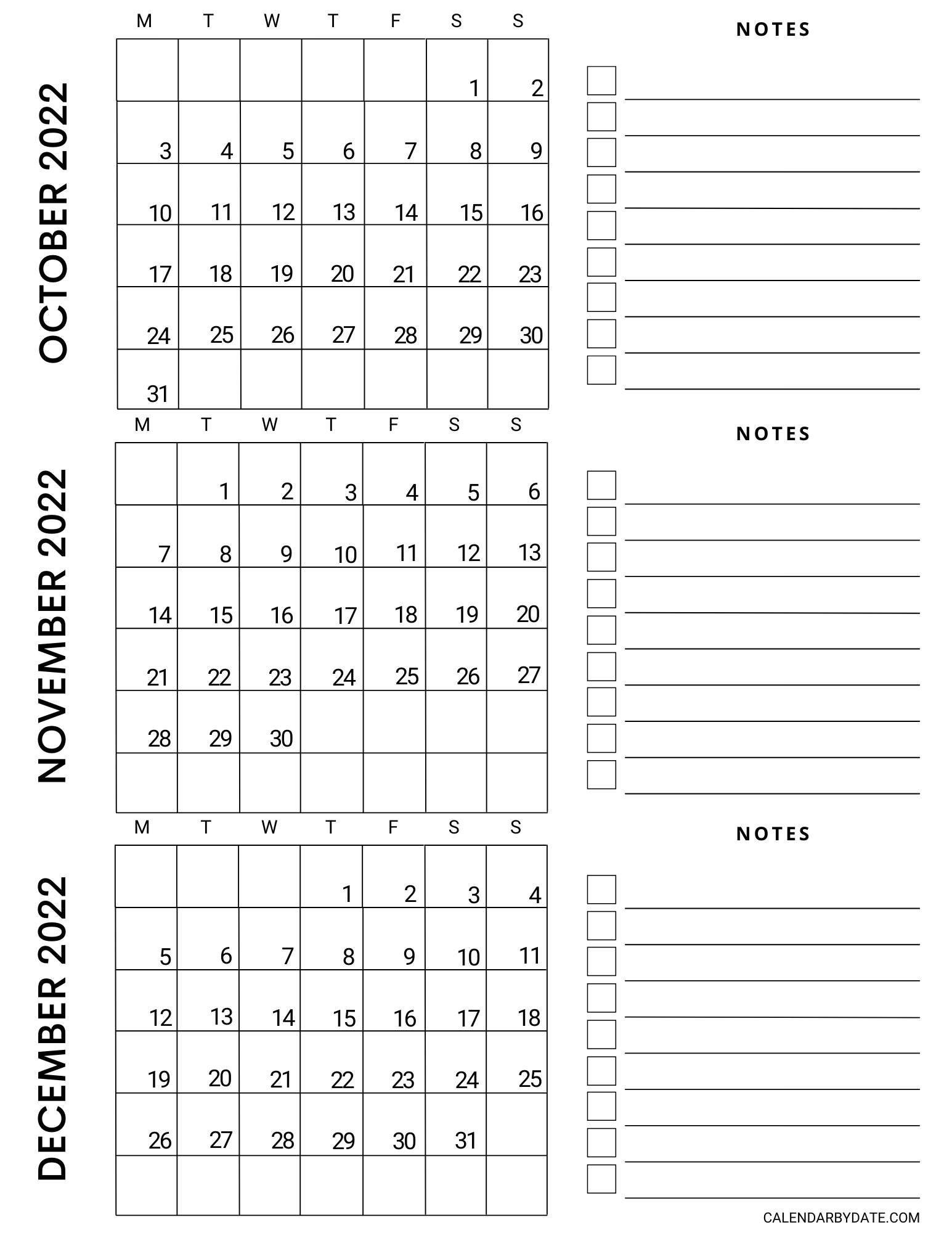 On one page, October November December 2022 calendar template is designed in a portrait layout. Three calendar grids with bold monthly dates are created in the left section. A blank notes section with checklists is provided on the right side for writing three-month goals and noteworthy events.