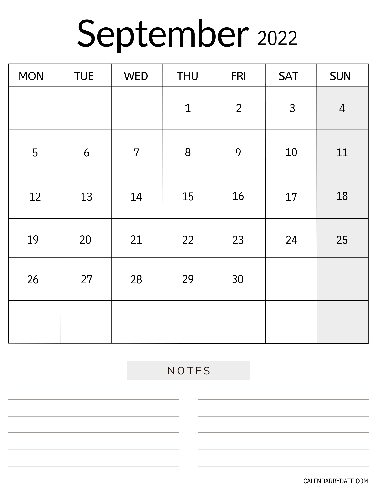 Monthly September 2022 calendar in vertical layout with separate notes section at the bottom. This template has bold monthly dates written in the grid.
