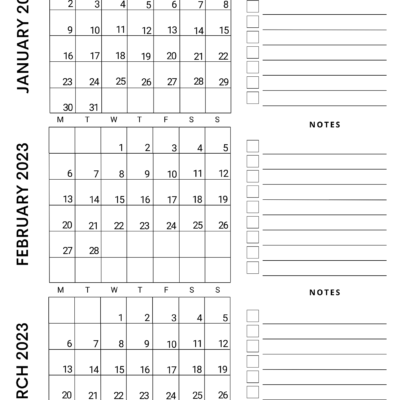 Monday start Quarterly January February March 2022 calendar template with special notes section with checklist boxes to write the tasks, events and important schedules.