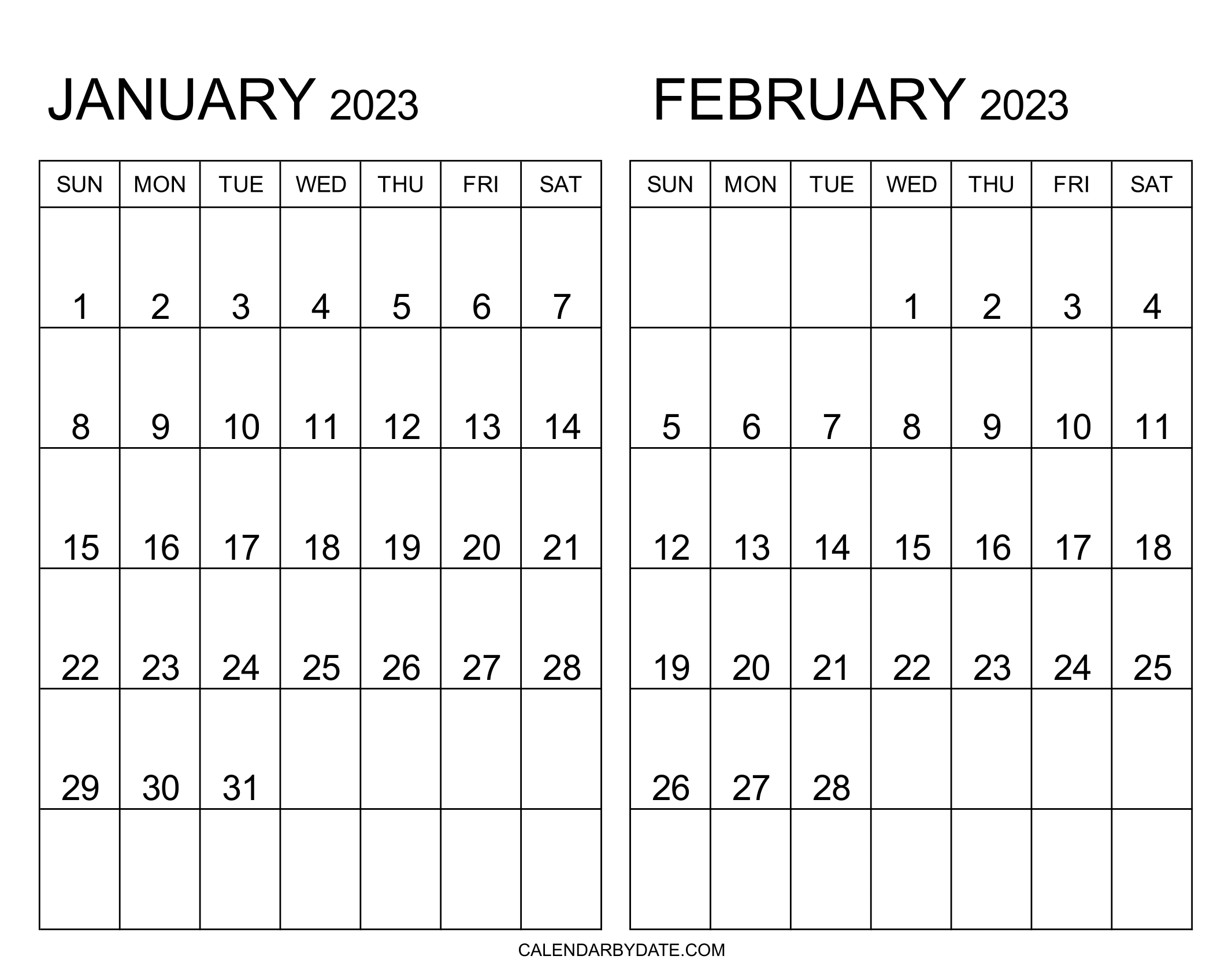 Black and White January February 2023 calendar template is designed on the one page which has the landscape layout.