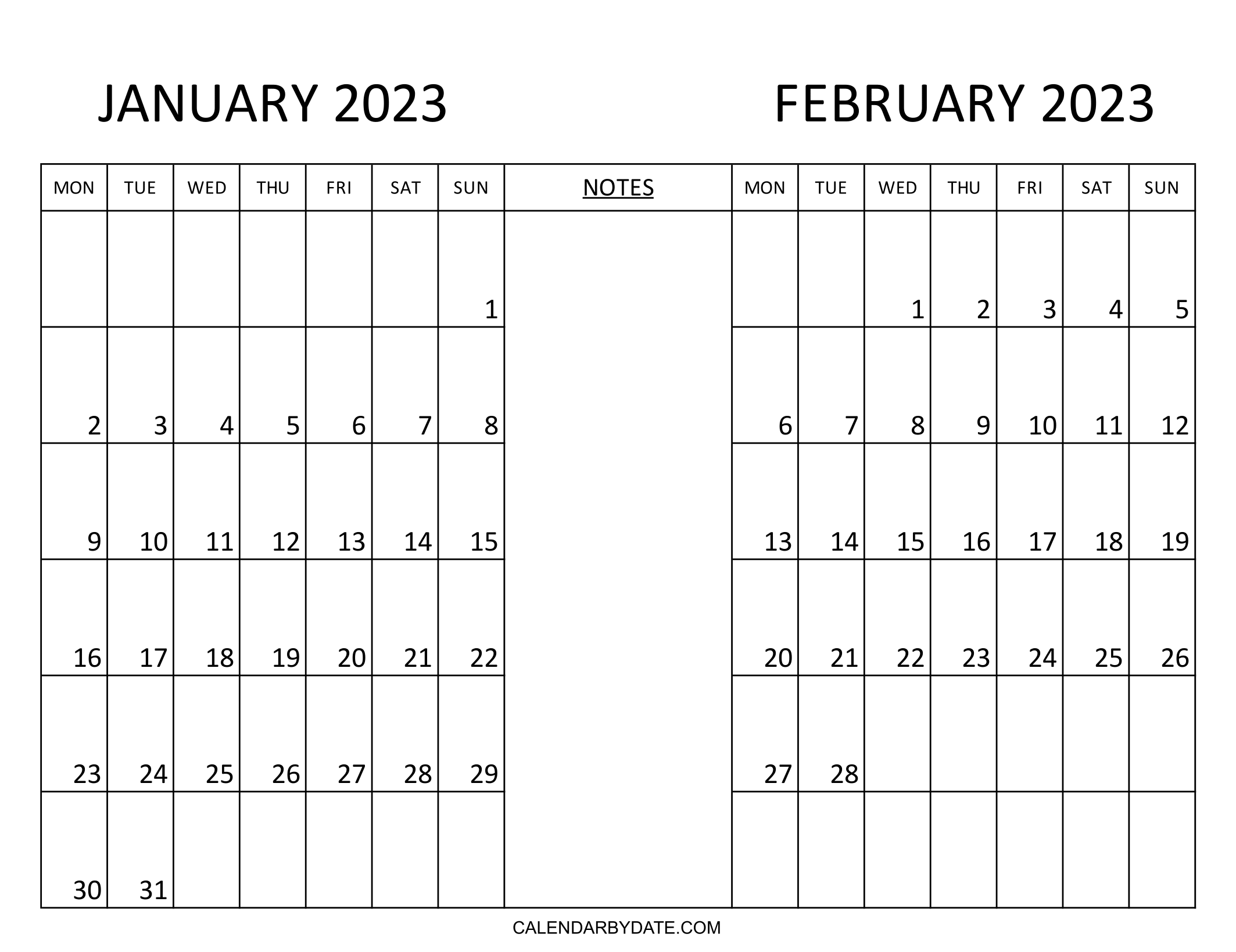 January and February 2023 calendar template is designed with bold monthly dates in the grid.