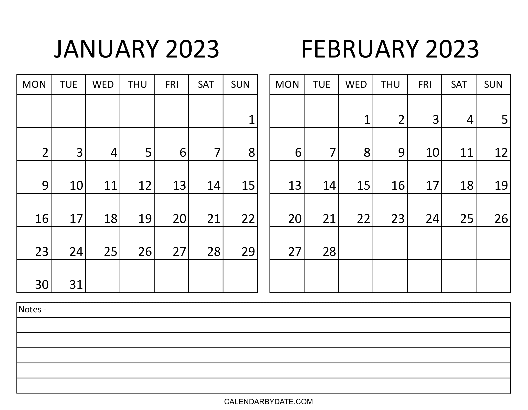 The calendar for January and February 2023 has a landscape layout with a section at the bottom for notes that lists the two months' most important events, activities, and priorities.
