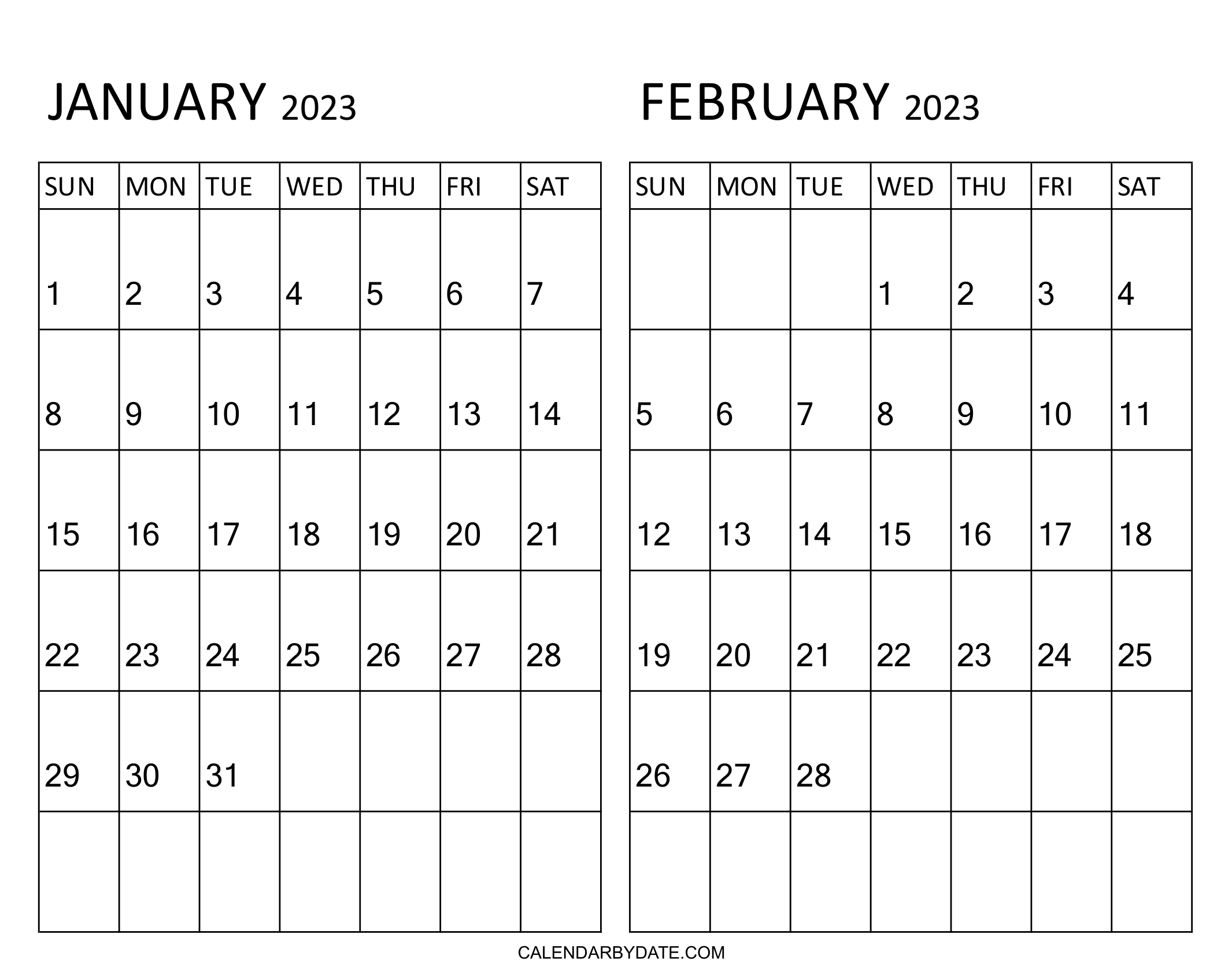 Two Month January February 2023 Calendar Sunday to Saturday Starting Weekdays with Bold Monthly Dates in a Grid.
