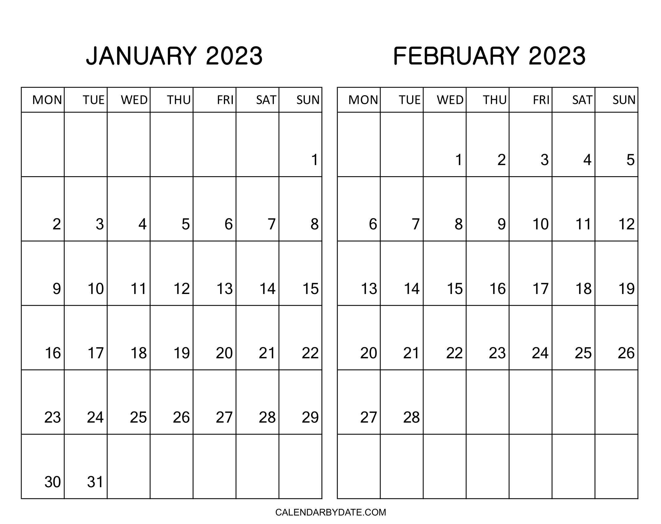 Printable January February 2023 Landscape Calendar on One Page Layout.