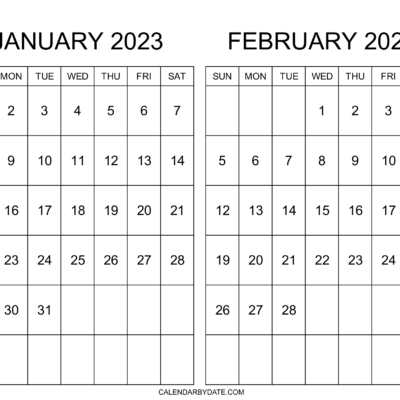 Printable January February 2023 Starting Sunday Calendar with Bold Monthly Dates in a Grid.