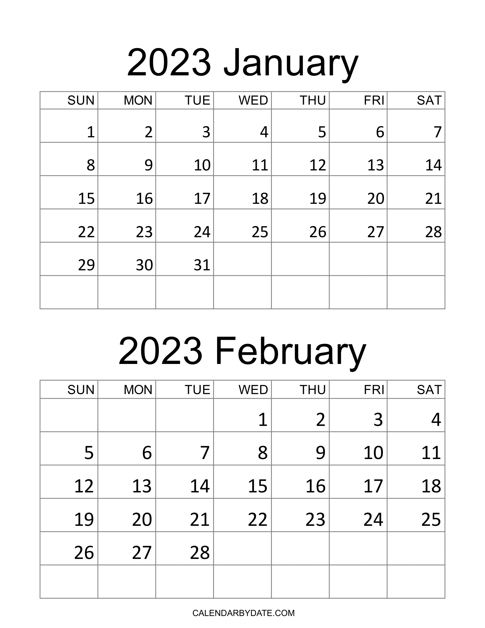 Printable January February 2023 calendar template is designed in the Portrait layout with weekdays starting from Sunday.