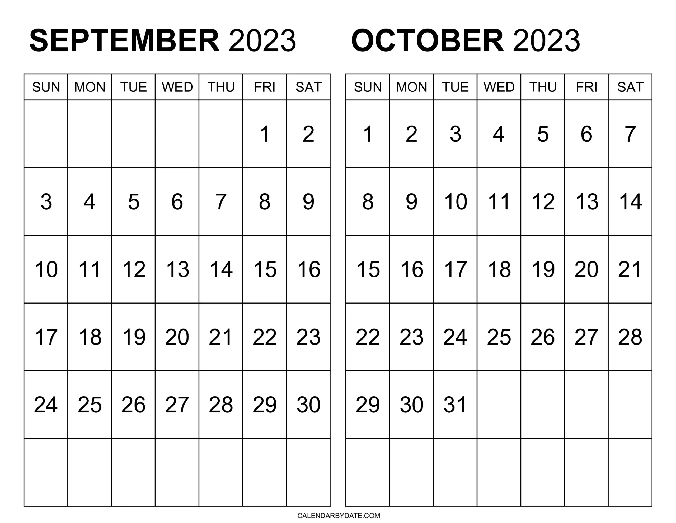 September October 2023 Sunday start calendar template has two grids arranged on one single page. Weekdays are starting from Sunday instead of Monday. Bold monthly dates are written in the grid.
