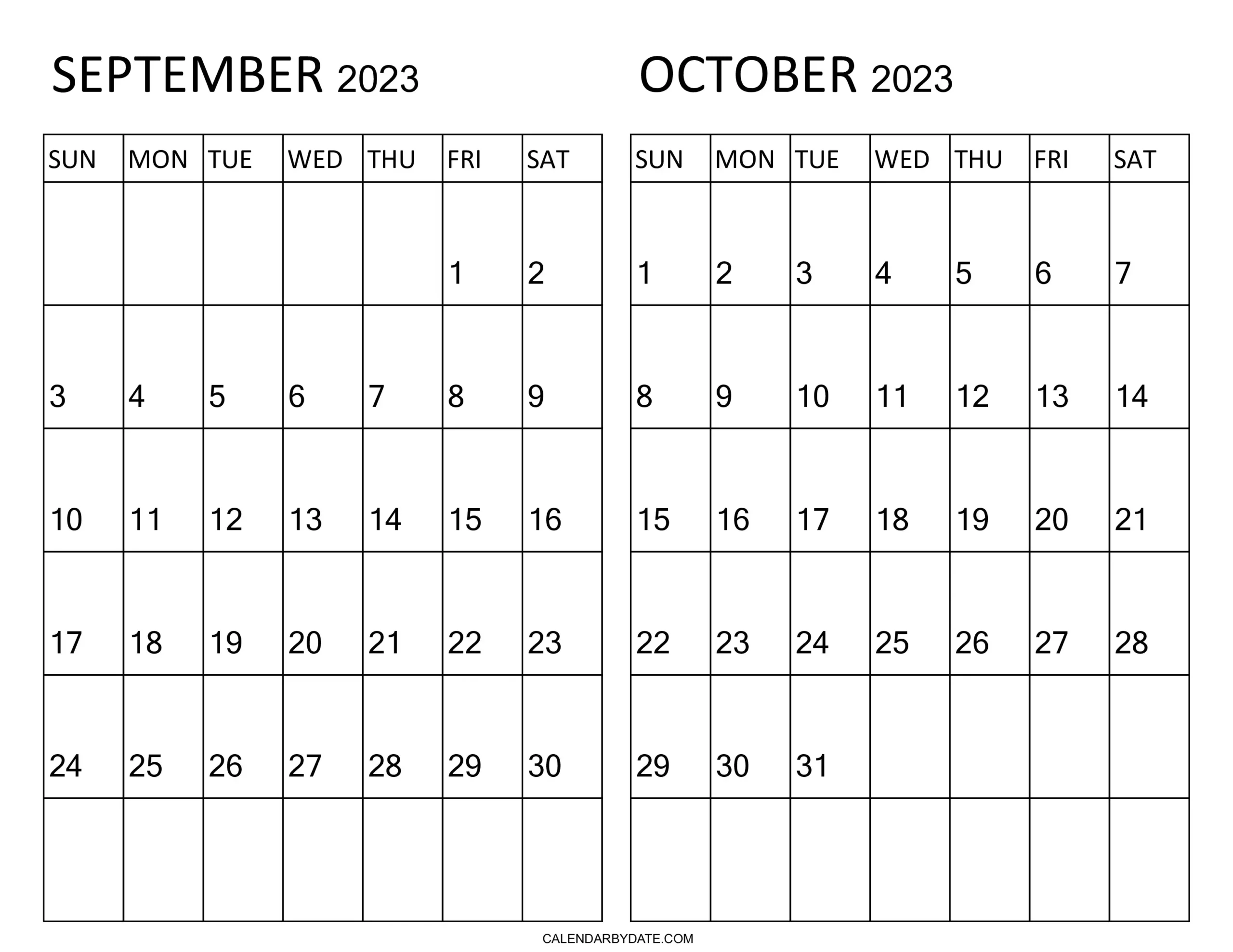 Calendar for the months of September and October 2023, with weekdays starting on Sunday. For two-month planning, rows and columns are constructed to build a grid.