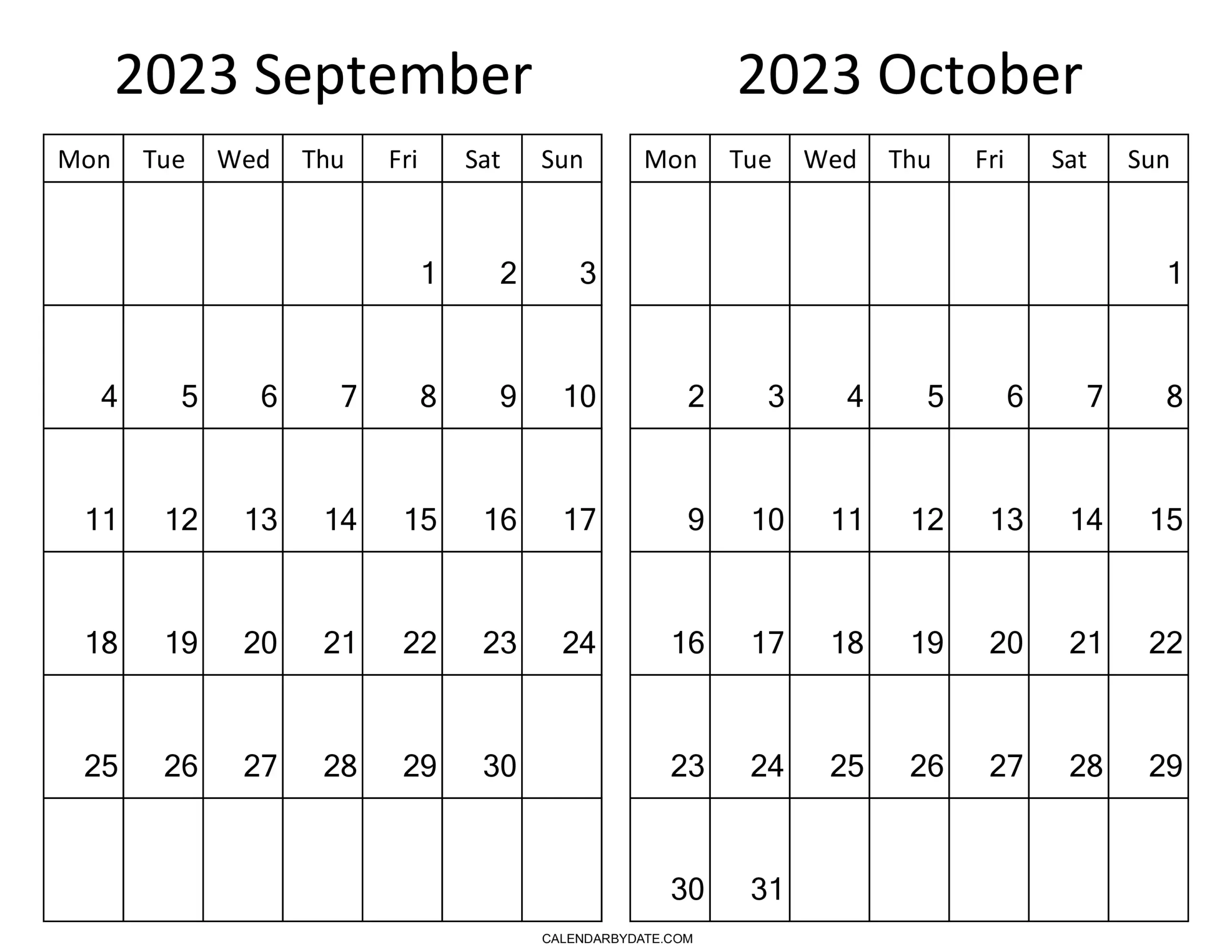 The two month calendar for September and October 2023 has a landscape layout with bold monthly dates. With the One Page template you'll have a clear overview of your monthly schedule at a glance.