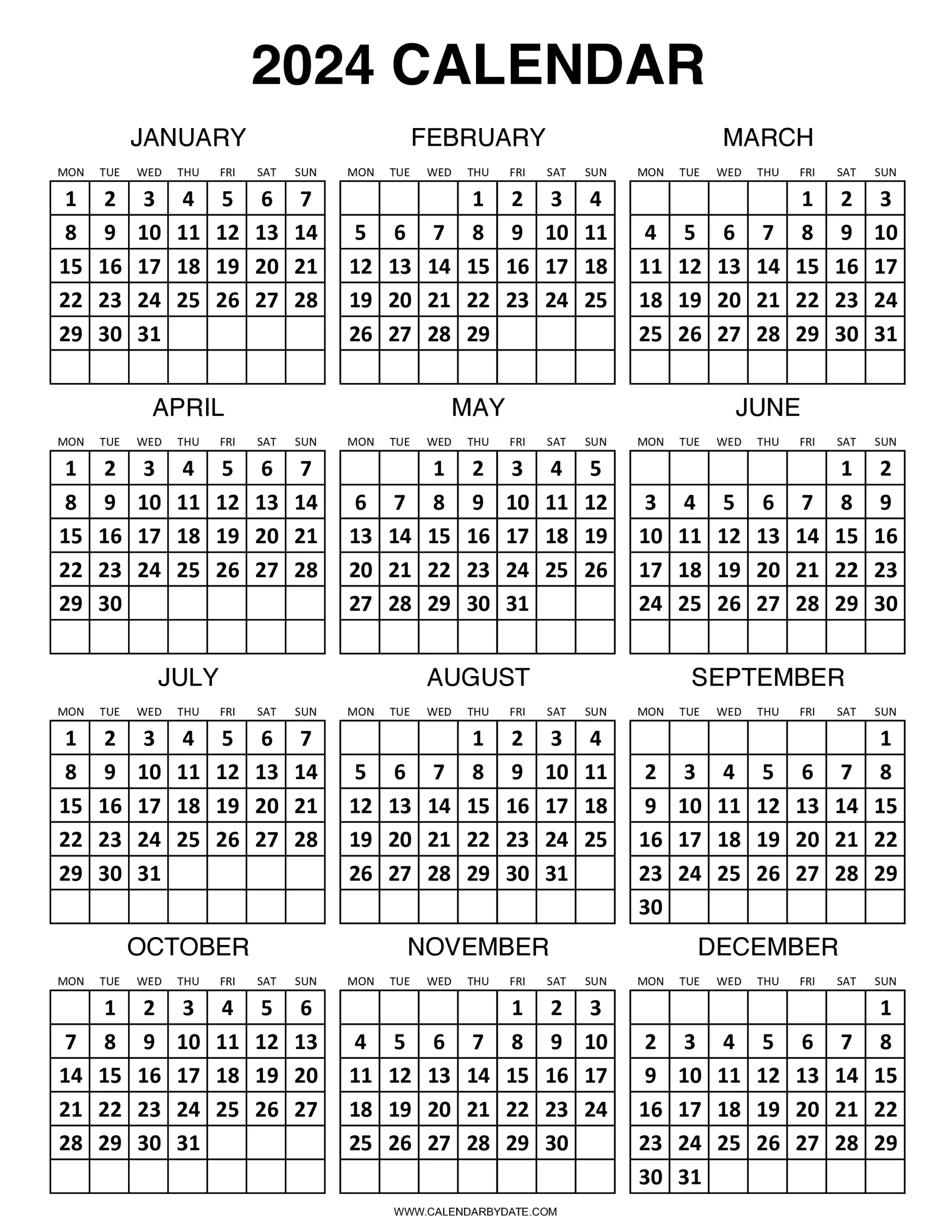 Portrait 12 month calendar on vertical page is designed with black and white color.