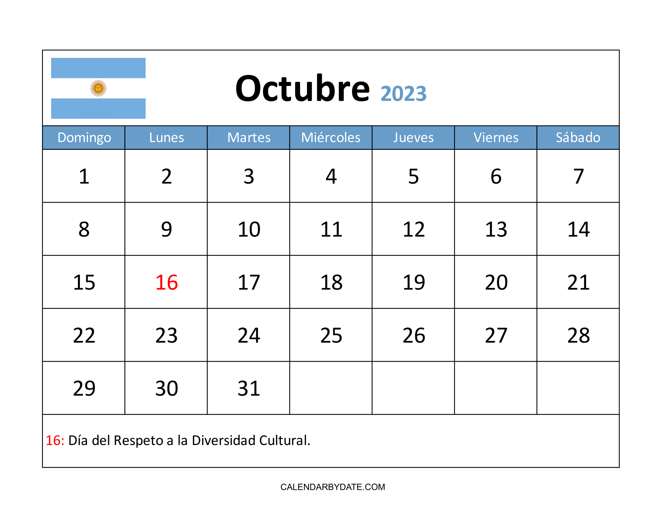 La colorida plantilla de calendario de octubre de 2023 se está diseñando en un diseño horizontal con las vacaciones y festivales de Argentina mencionados en la cuadrícula del calendario.