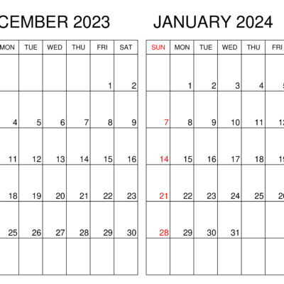December 2023 January 2024 Sunday start calendar template has two grids arranged on one single page. Weekdays are starting from Sunday instead of Monday. Bold monthly dates are written in the grid.