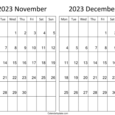 November December 2023 Sunday start calendar template has two grids arranged on one single page. Weekdays are starting from Monday instead of Sunday. Bold monthly dates are written in the grid.