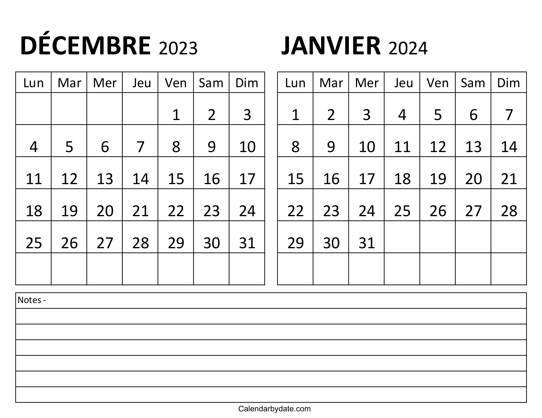 Calendrier Décembre 2023 et Janvier 2024 à imprimer