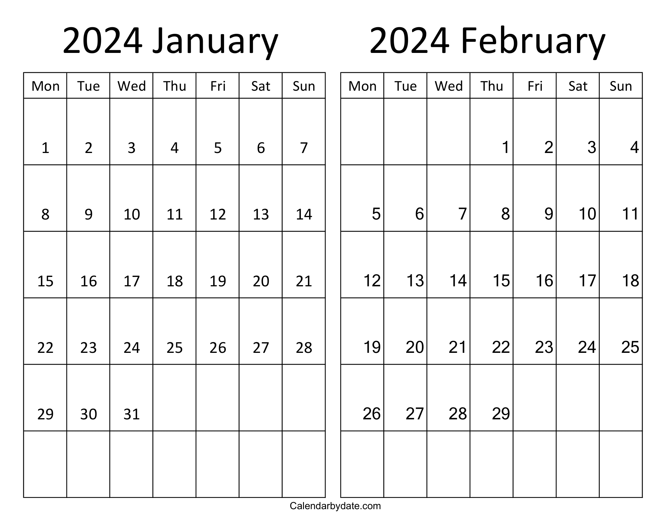 Two-month calendars for January and February 2024, with weekdays starting on Sunday. Both calendar grids are combined onto a single page. The template is US letter size.