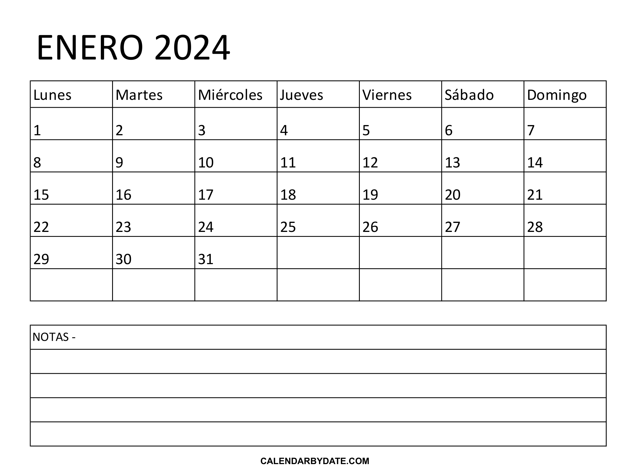 Calendario enero 2024 colombia