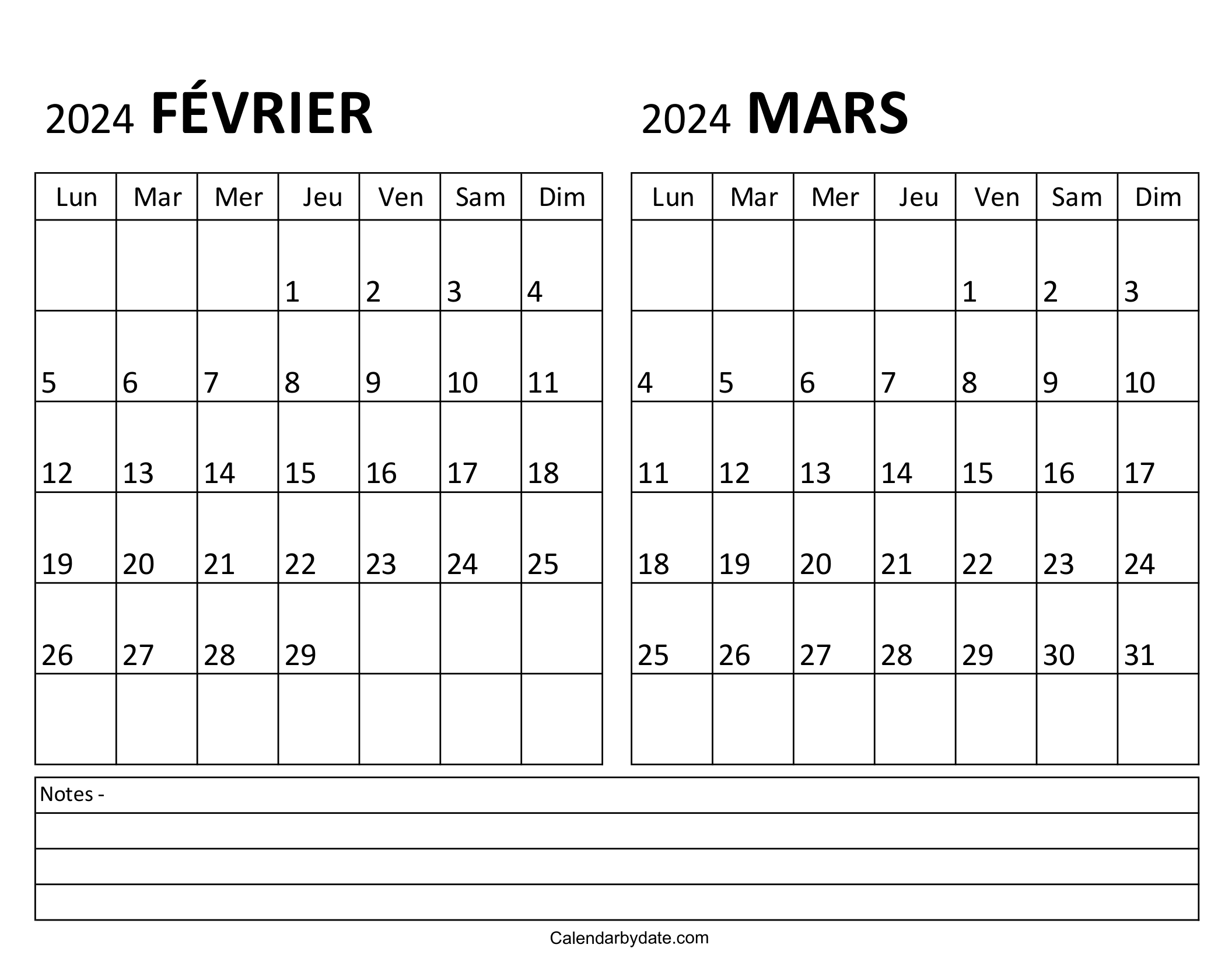 Calendrier février mars 2024 en orientation paysage