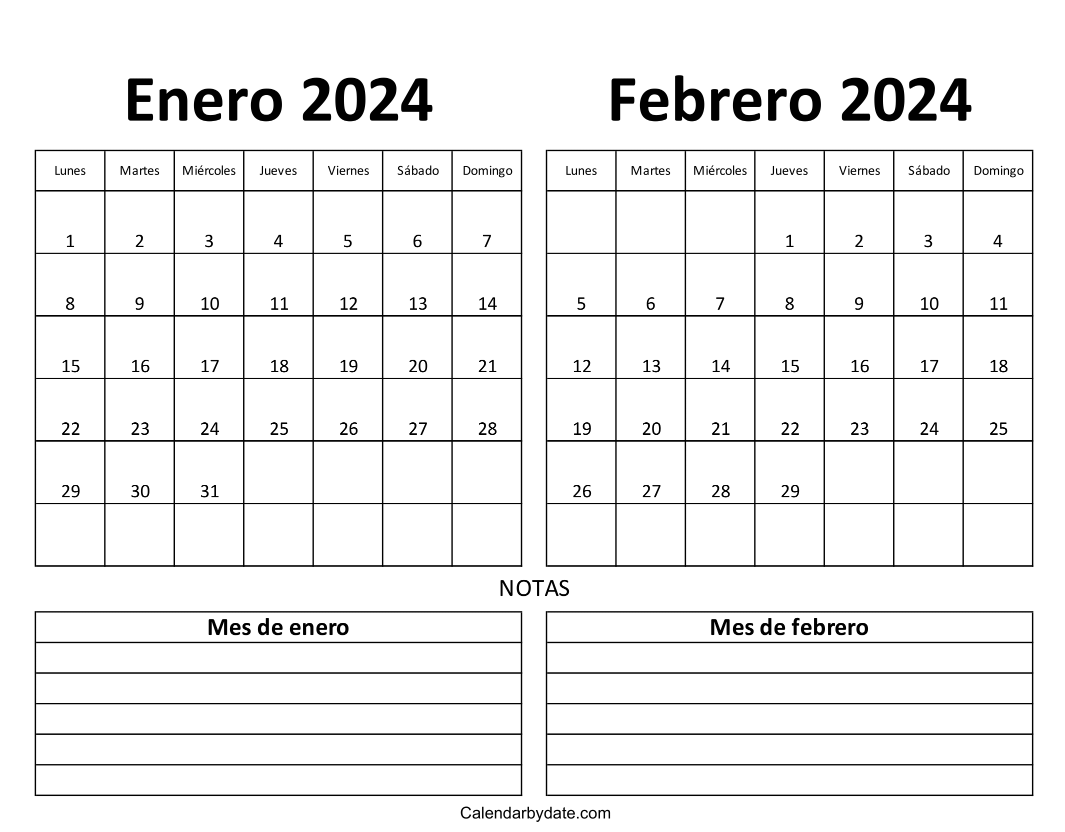 calendario 2024 enero a febrero