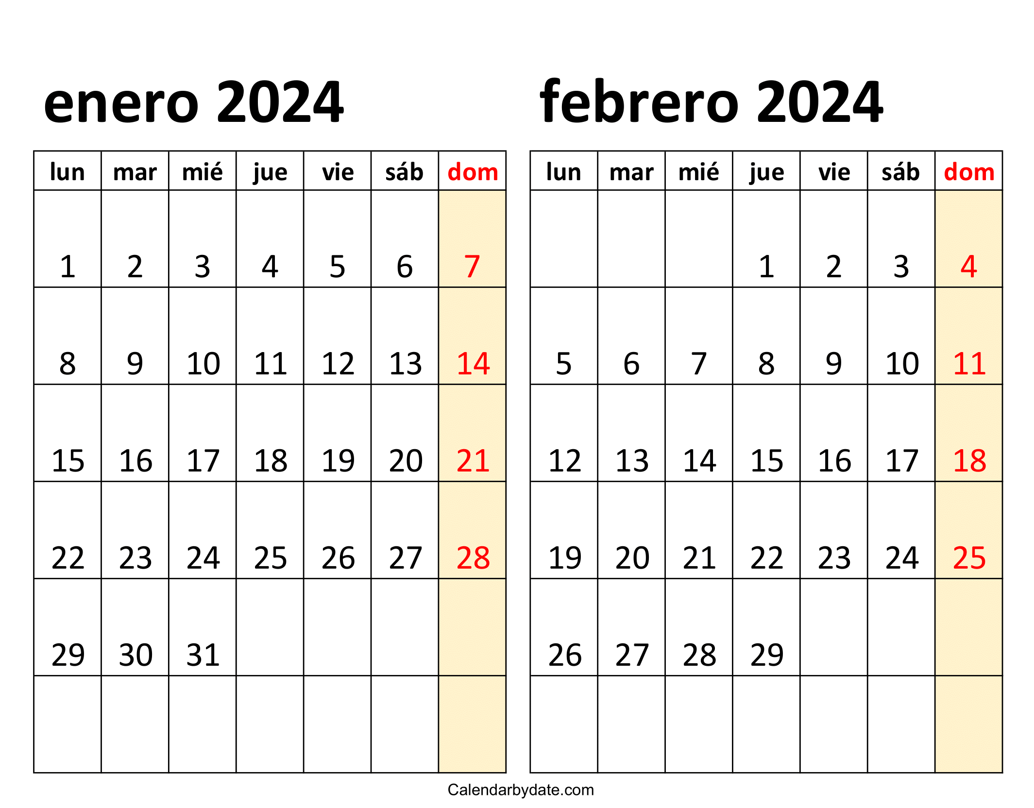 calendario 2024 enero y febrero para imprimir