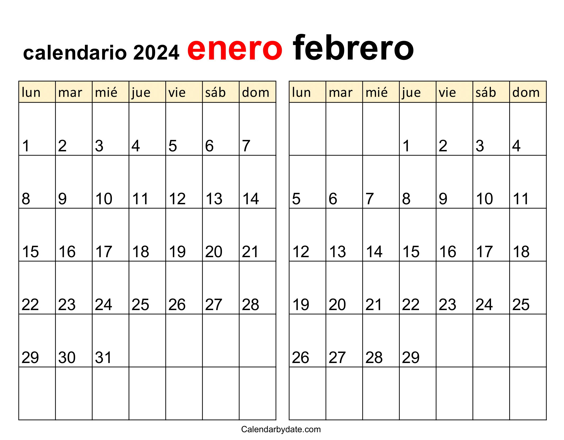 calendario de enero y febrero 2024