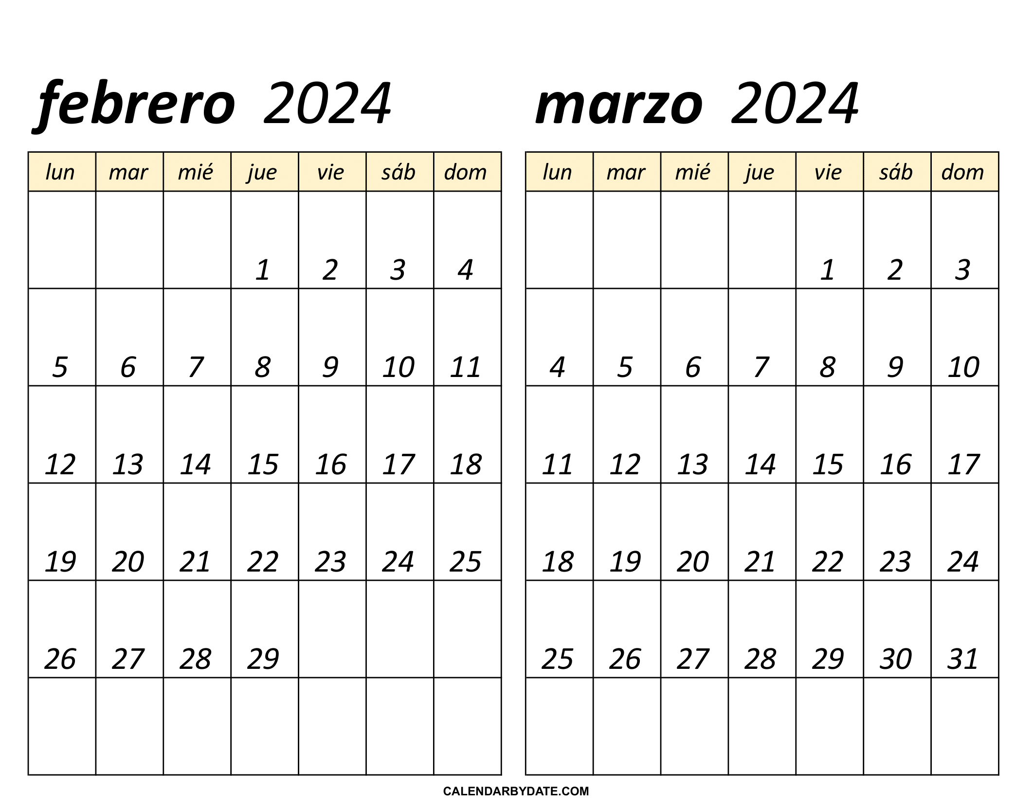 calendario de febrero a marzo 2024