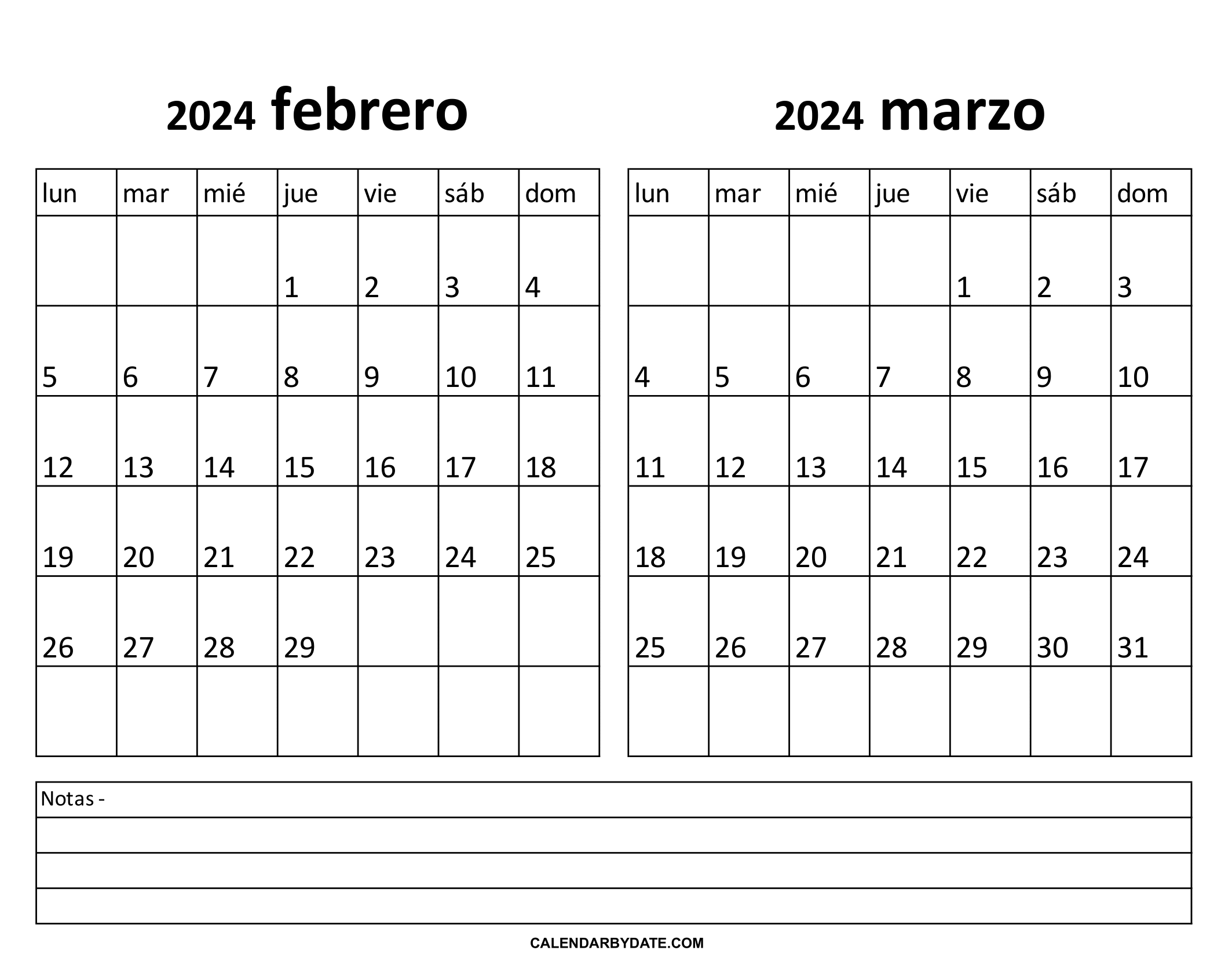 calendario de febrero marzo 2024
