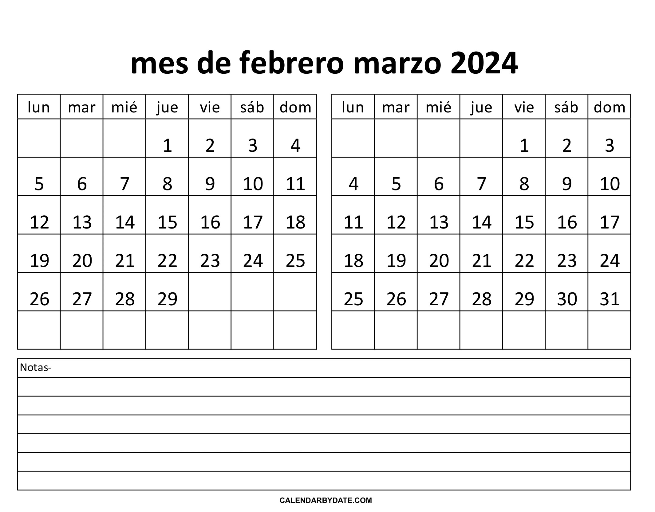 calendario de febrero y marzo 2024