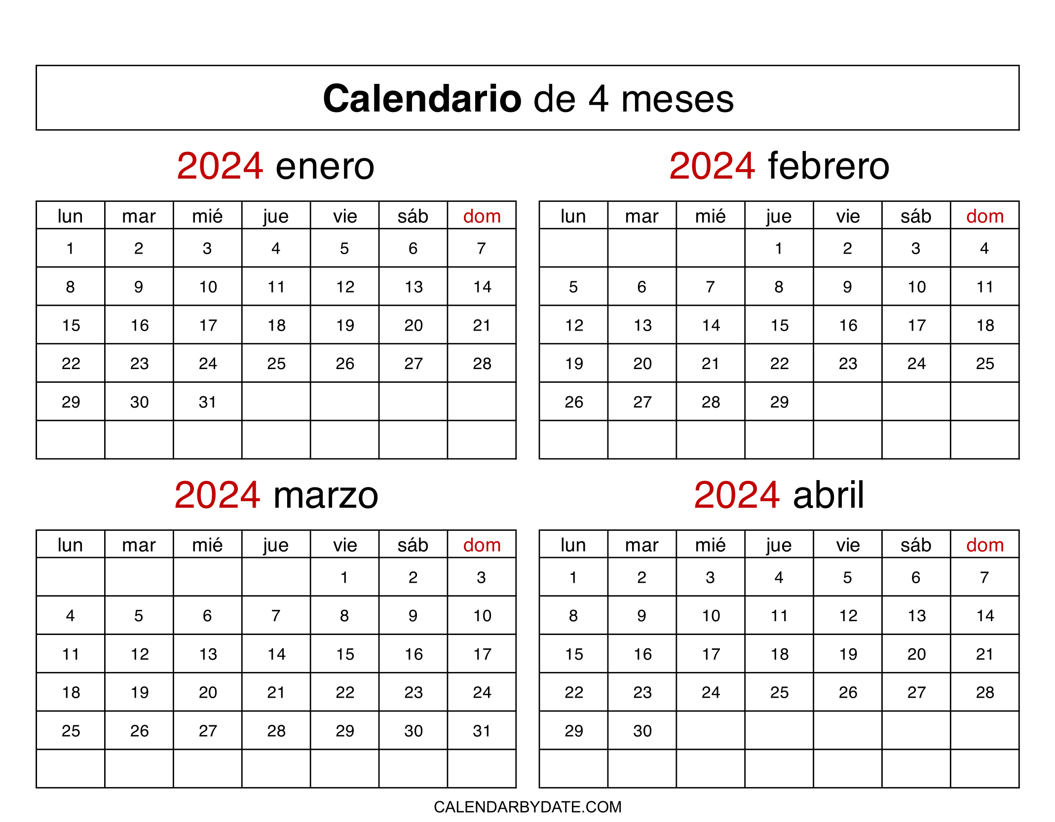 calendario enero febrero marzo abril 2024