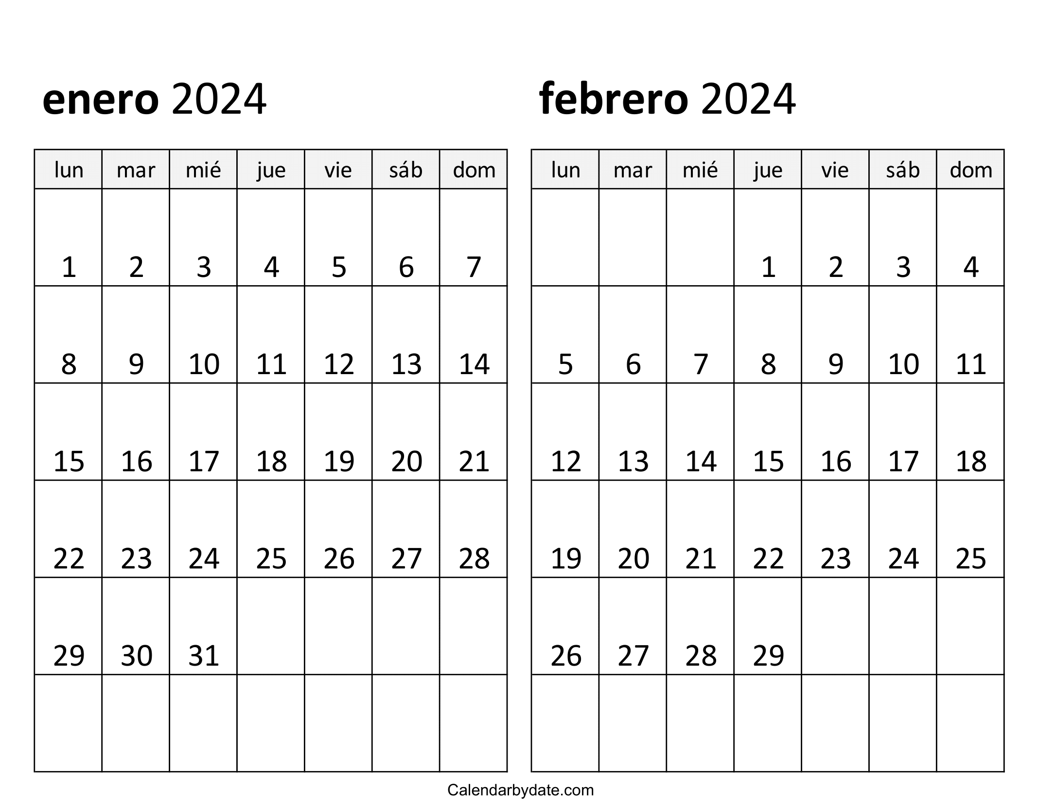 calendario enero y febrero 2024 para imprimir