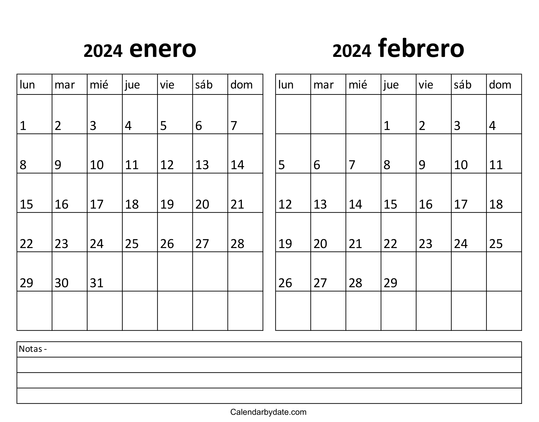 calendario enero y febrero de 2024