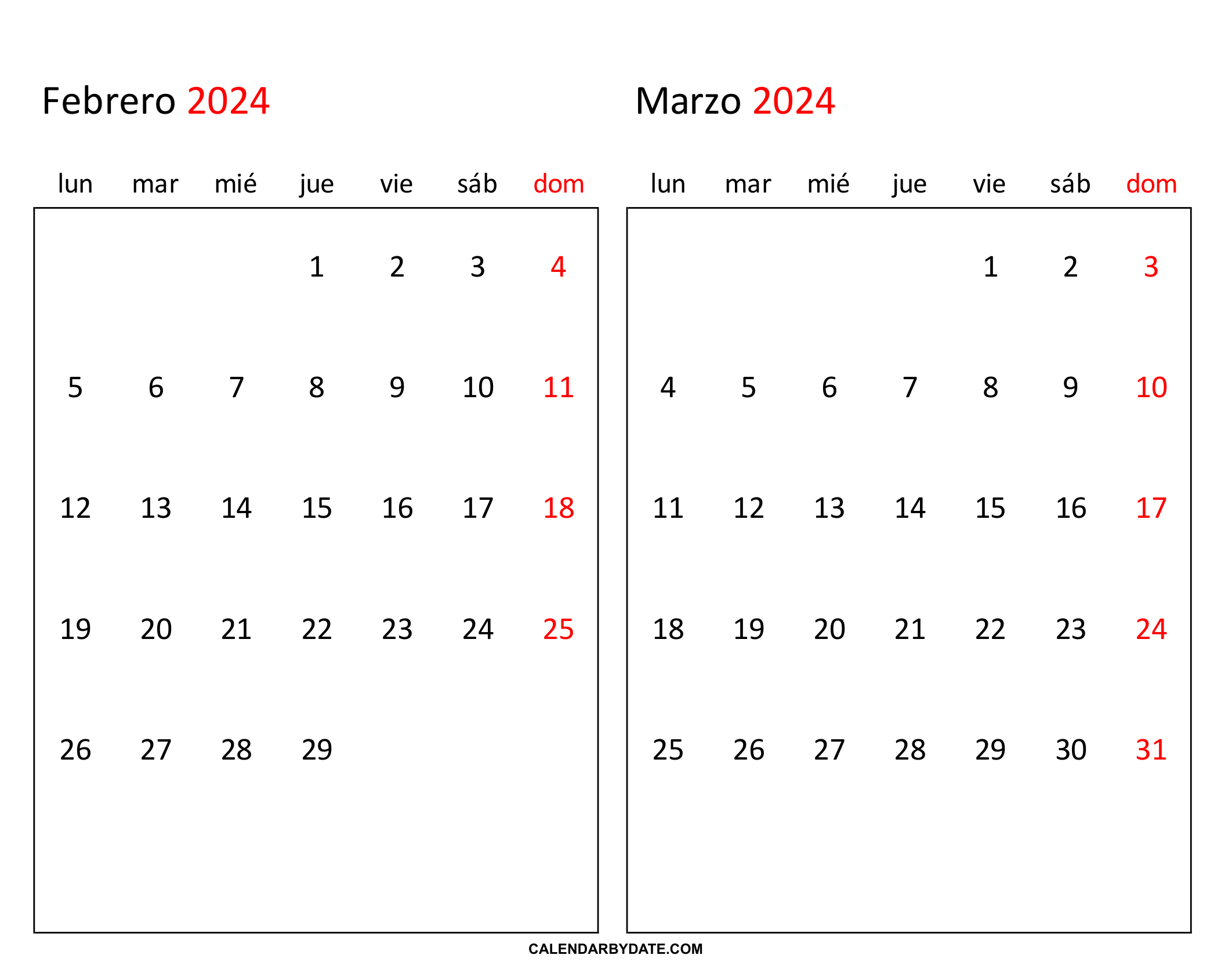 calendario febrero a marzo 2024