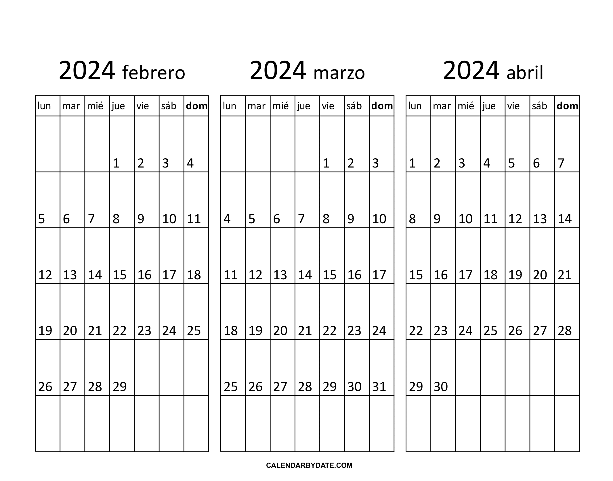 calendario febrero marzo a abril 2024