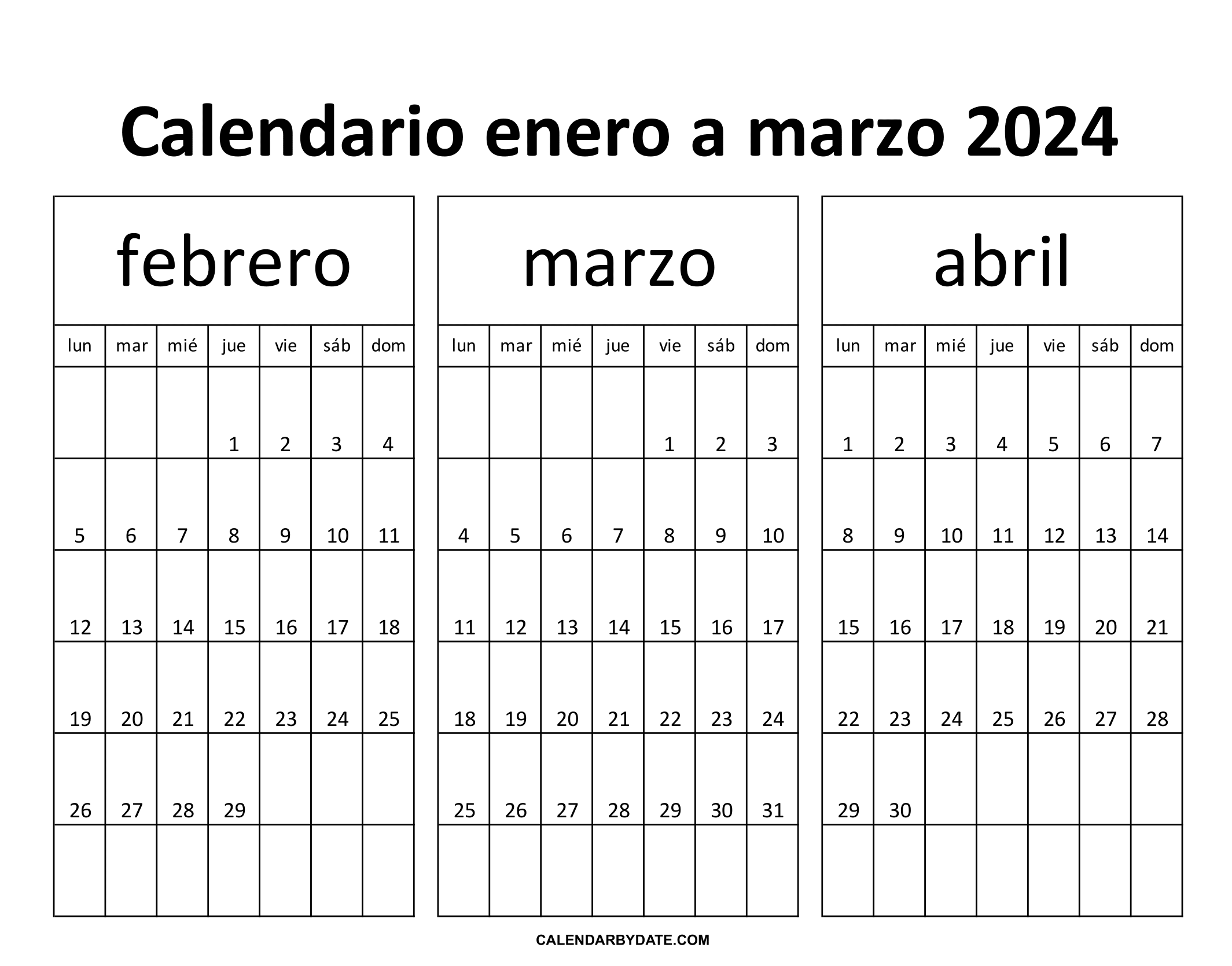 calendario febrero marzo y abril 2024 para imprimir
