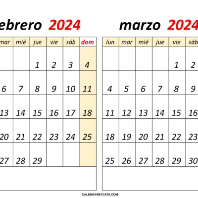 calendario febrero y marzo 2024 para imprimir