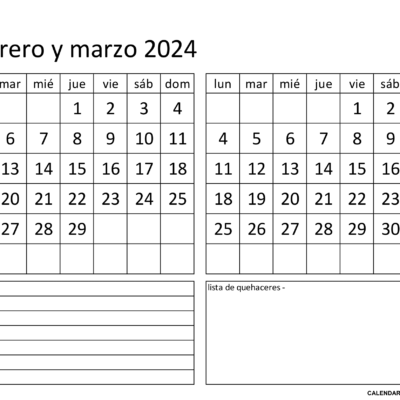 calendario febrero y marzo de 2024