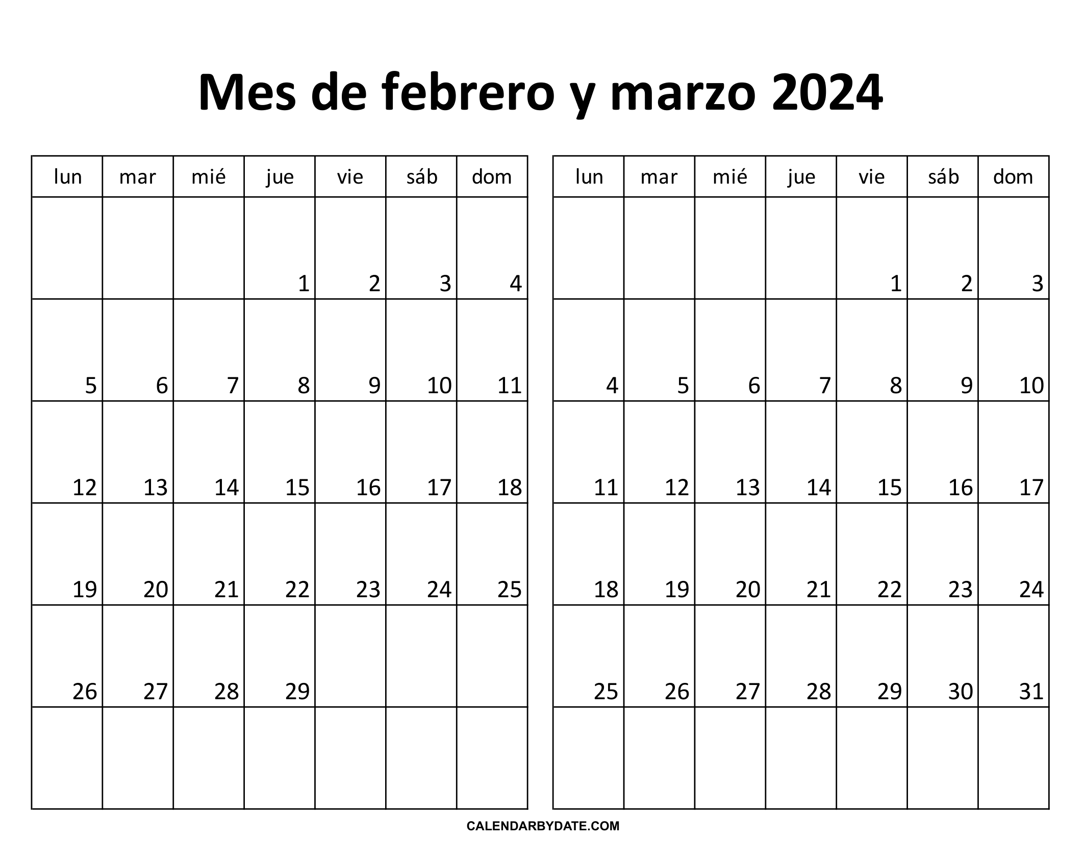 calendario mes de febrero marzo 2024