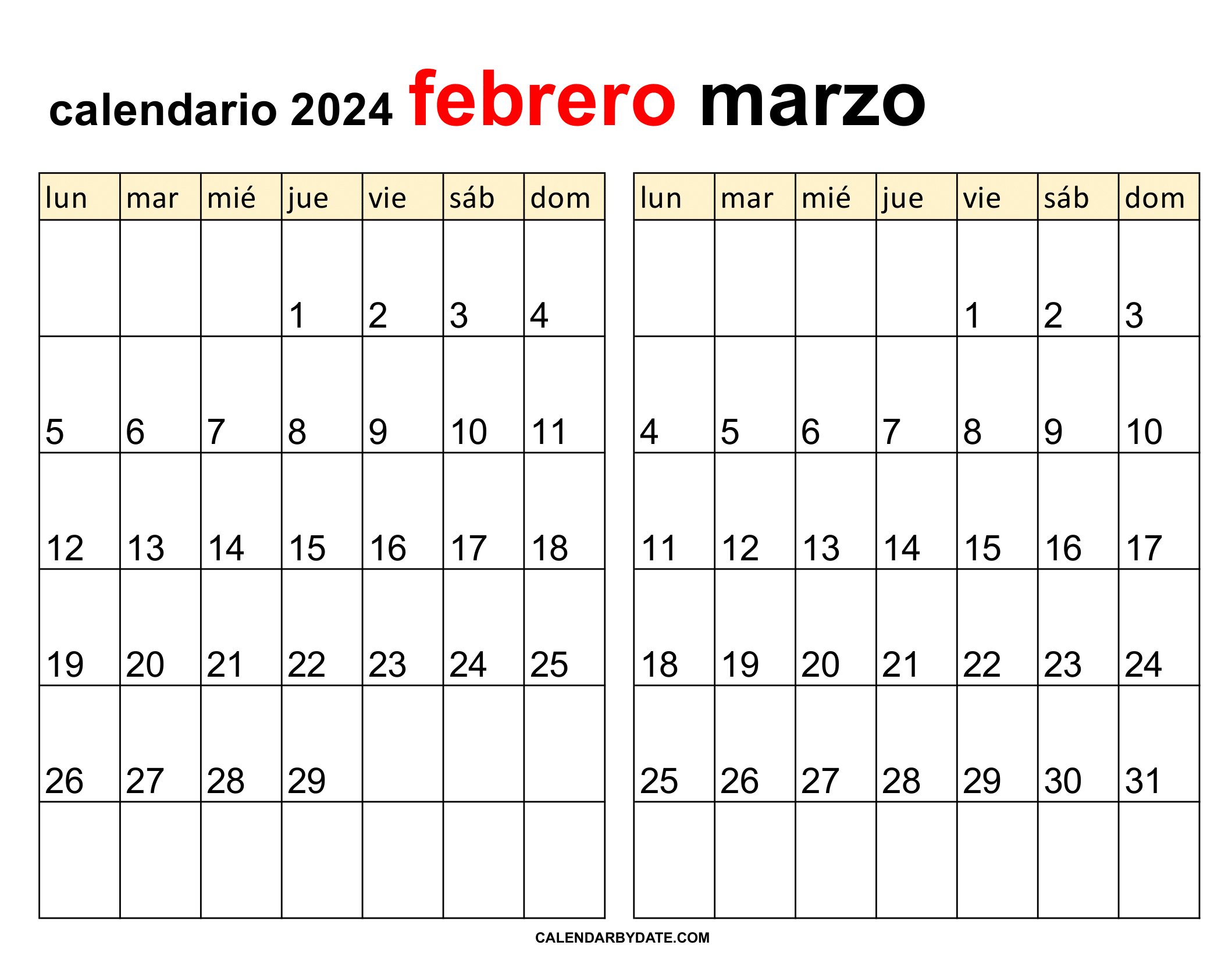 calendario mes de febrero y marzo 2024
