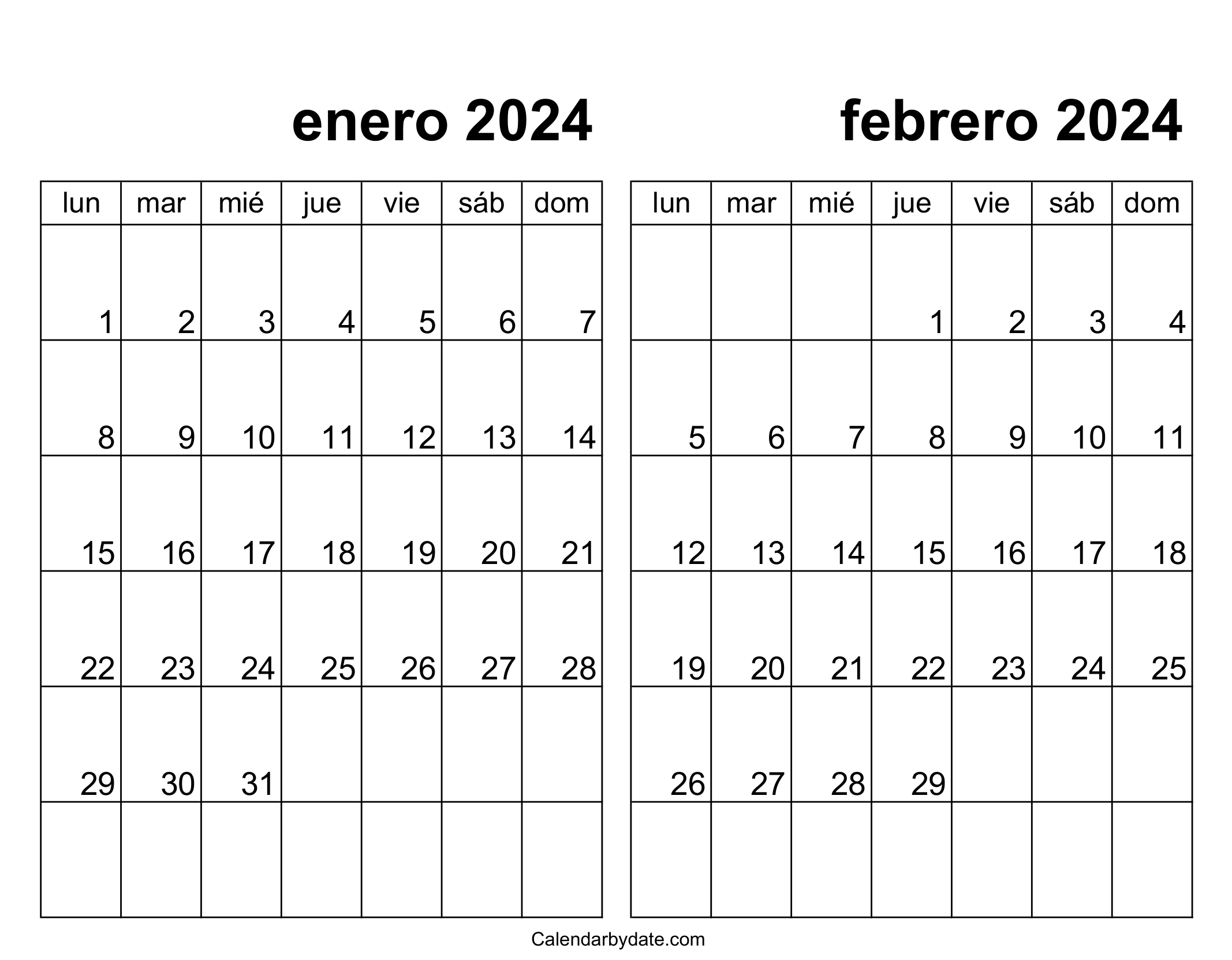 calendario para imprimir enero y febrero 2024