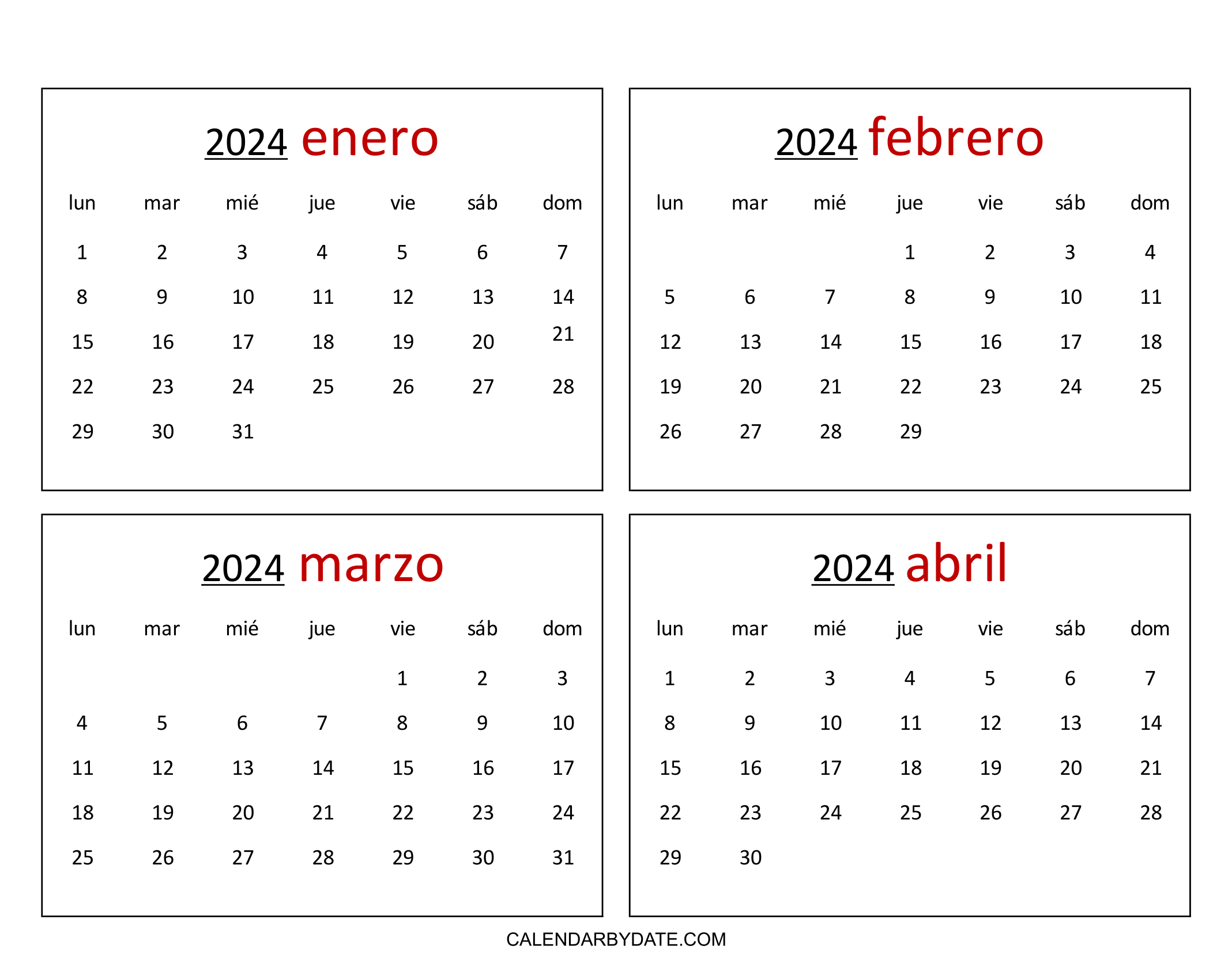 enero febrero marzo abril 2024 calendario