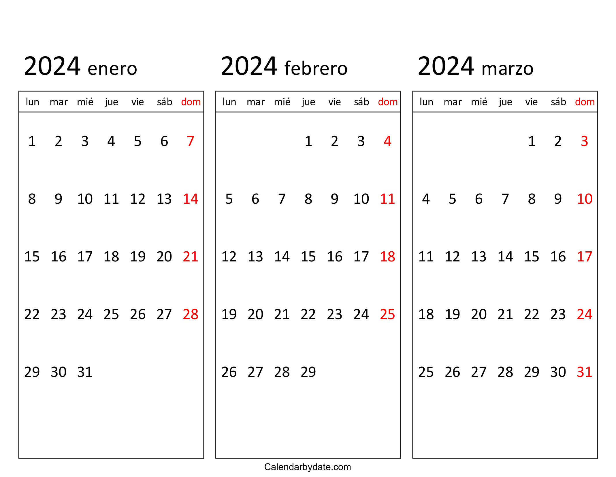 mes de enero febrero y marzo 2024 para imprimir