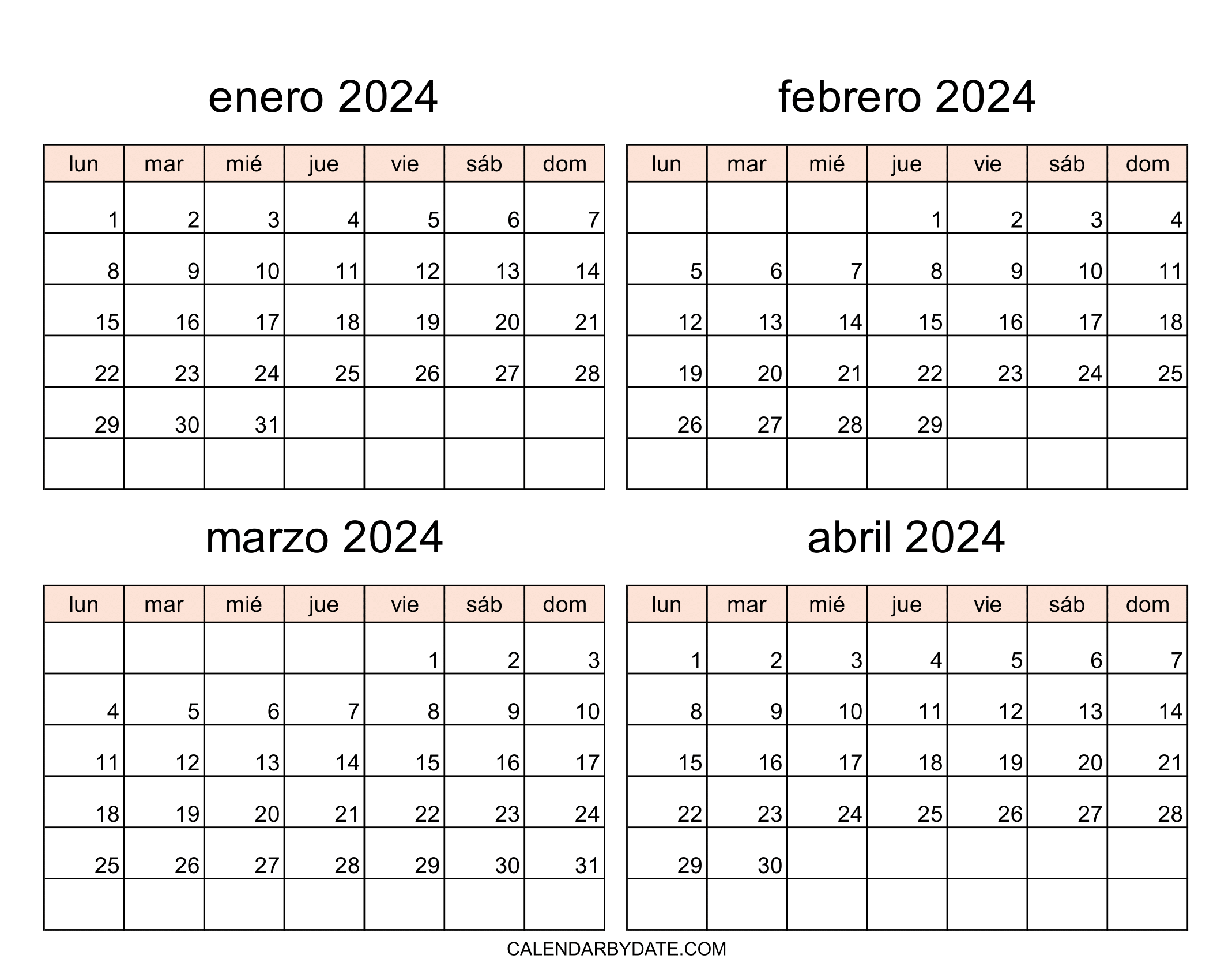 plantilla de calendario enero a abril 2024