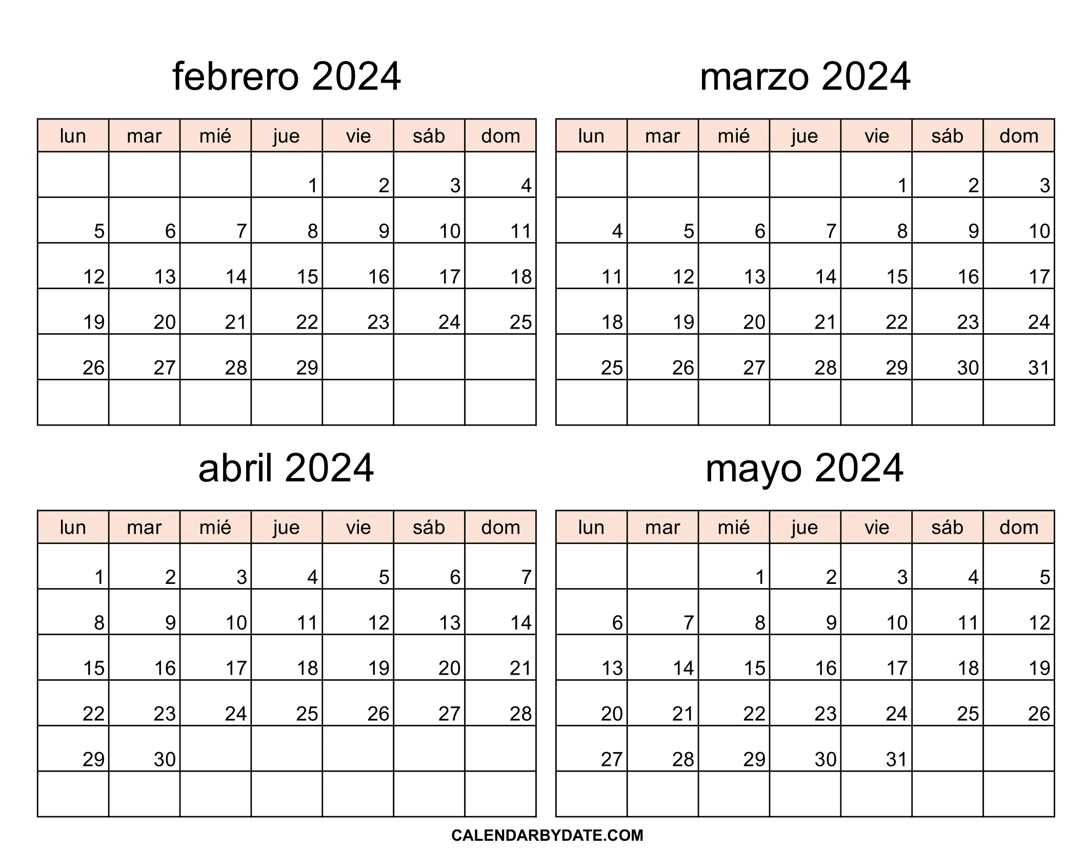 plantilla de calendario febrero a mayo 2024
