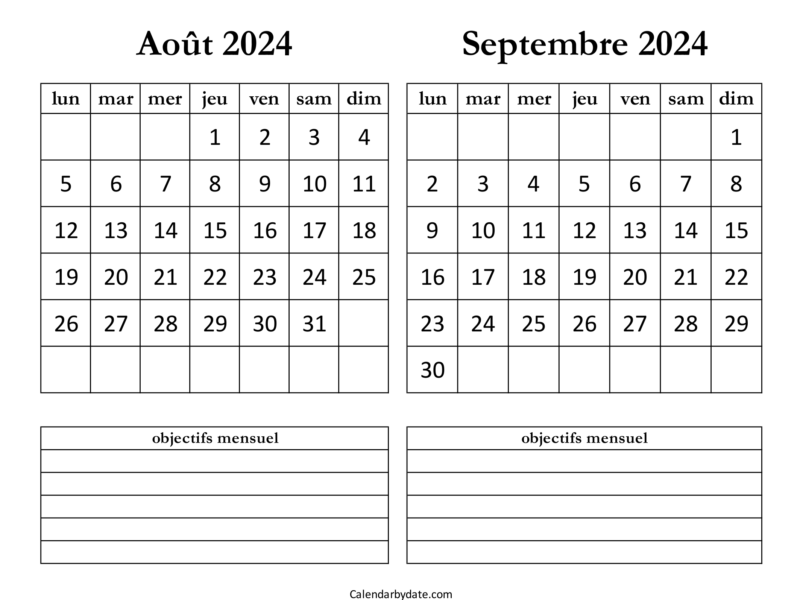 Calendrier août et septembre 2024
