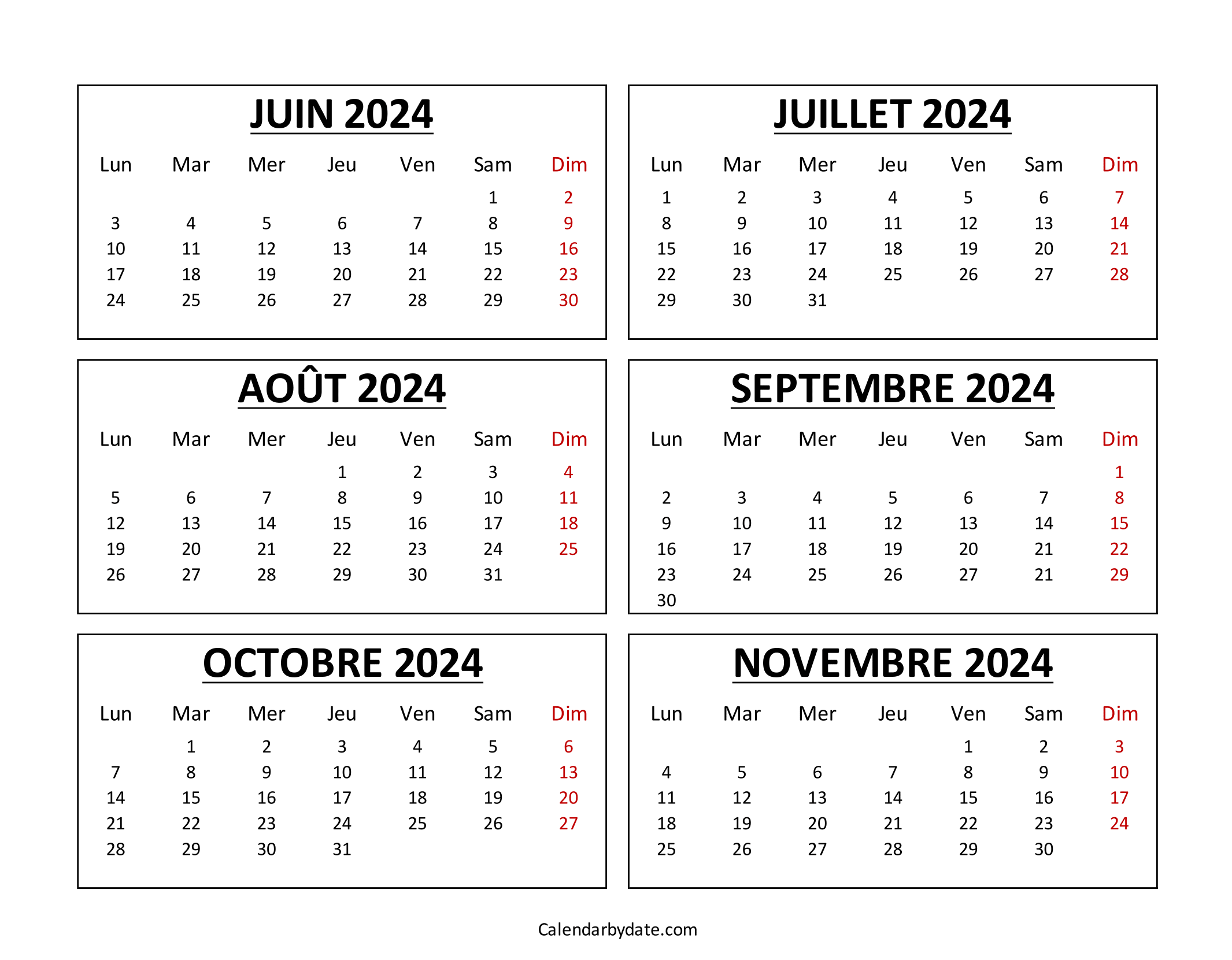 Calendrier de juin à novembre 2024