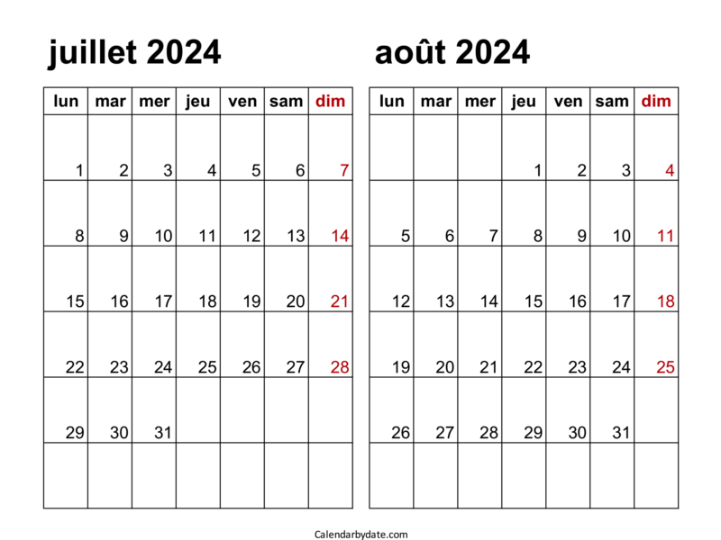 Calendrier du mois de juillet août 2024