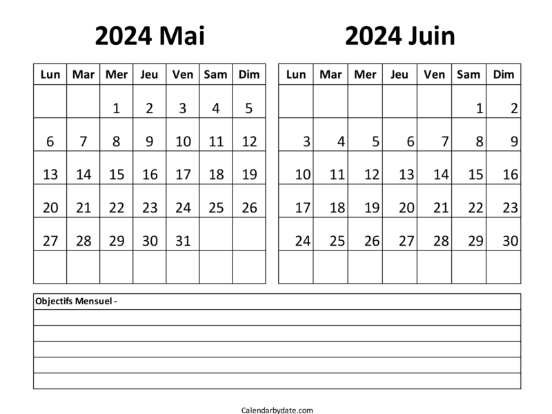 Calendrier du mois de mai juin 2024